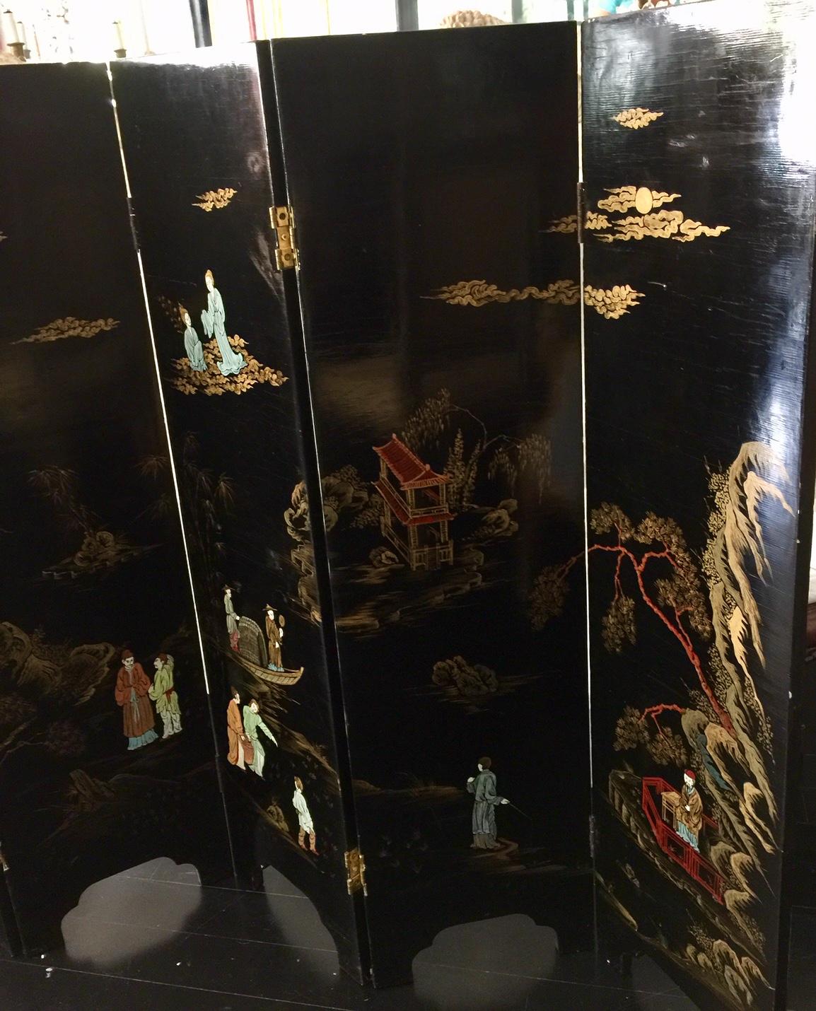 Chinoiserie Chinese Six-Panel Lacquer Screen For Sale