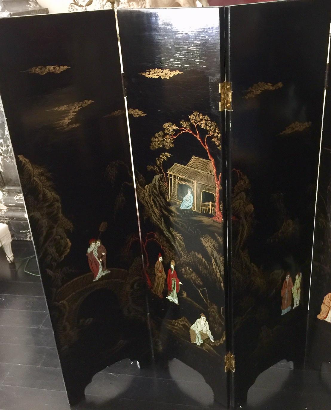 Lacquered Chinese Six-Panel Lacquer Screen For Sale