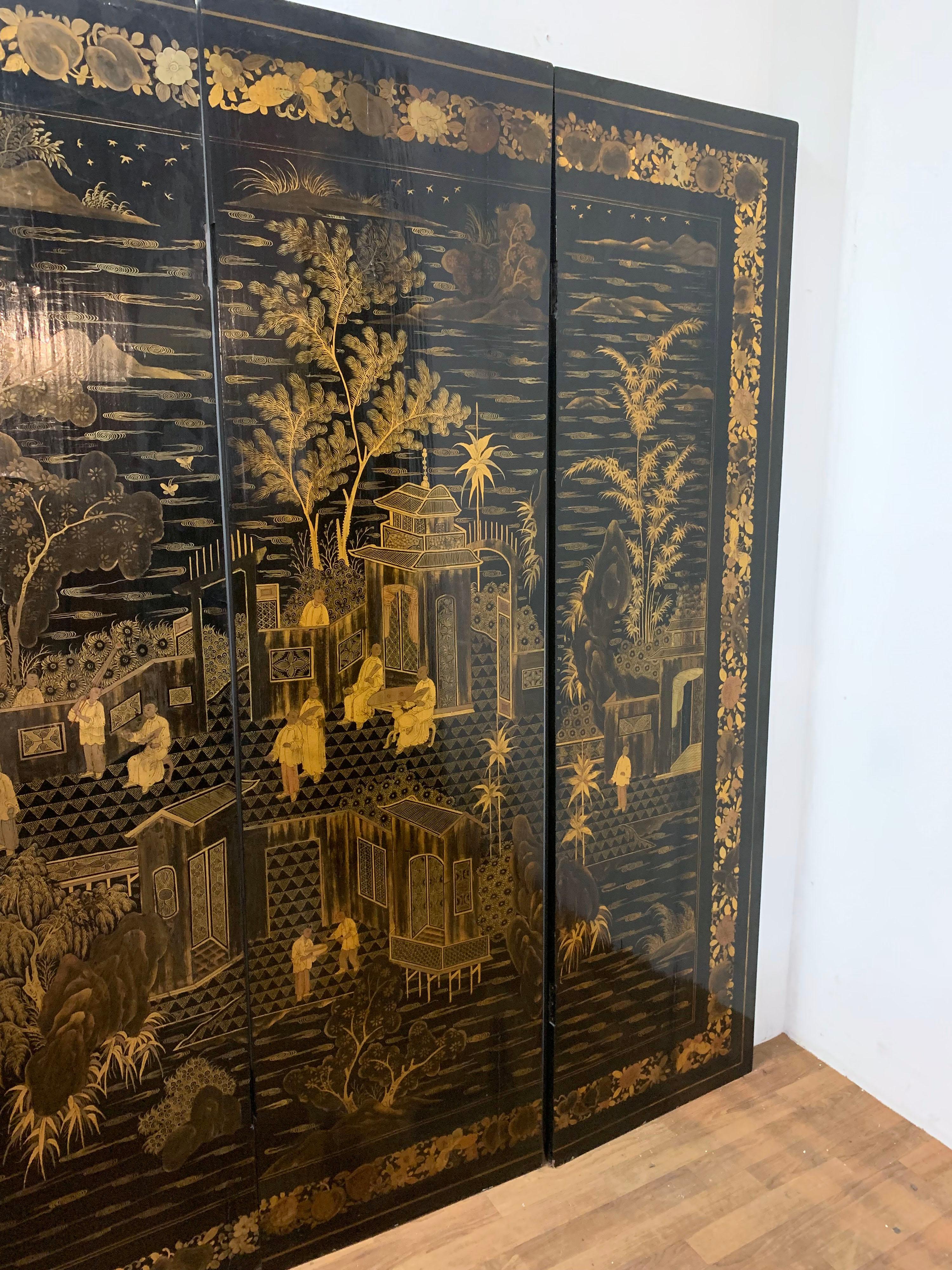 Wood Chinese Six-Panel Painted Coromandel Screen Ca. Mid-18th Century