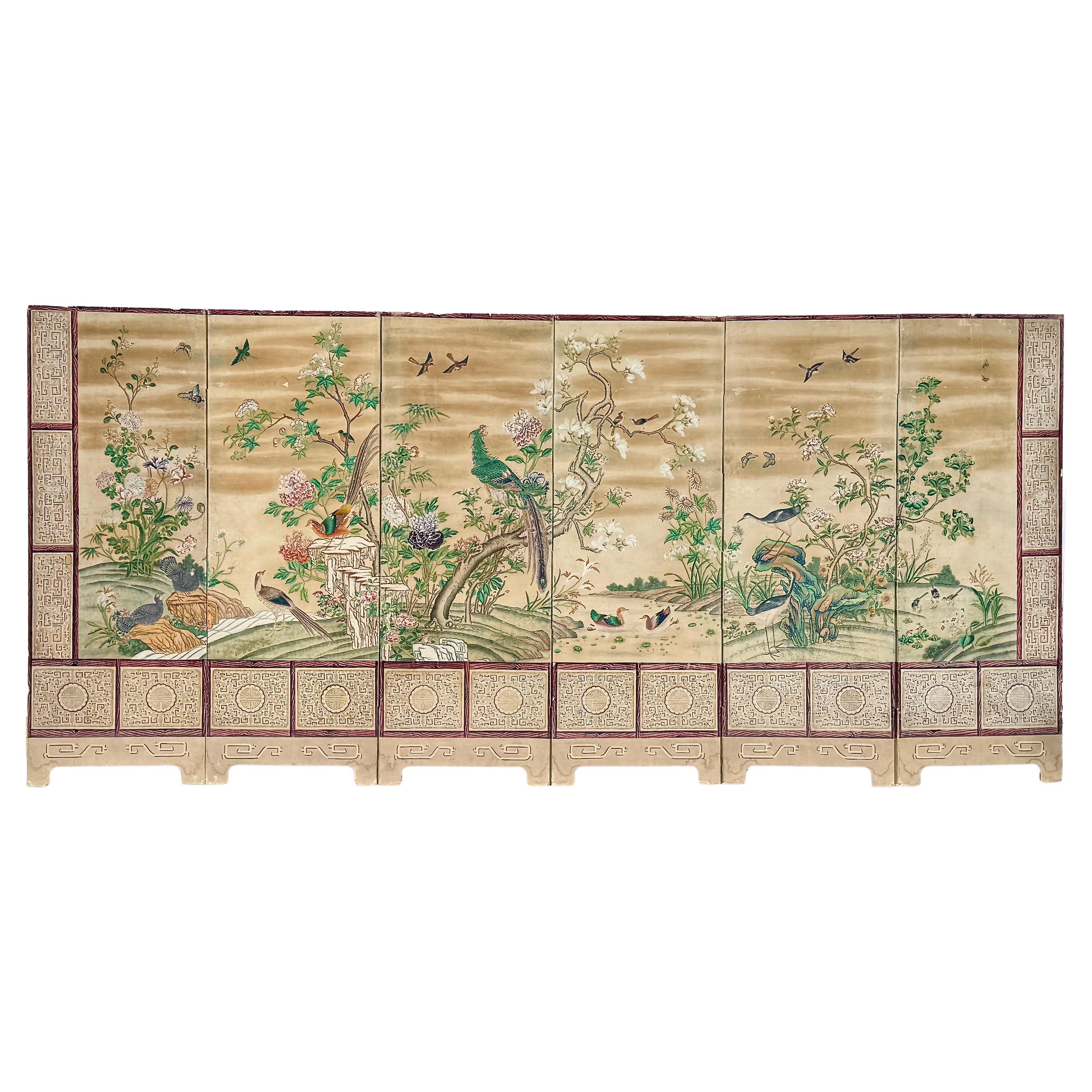 Chinese Export Six Panel Screen Circa 1920s, Hand-Painted Chinoiserie Garden