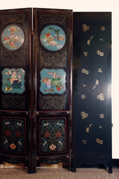 Chinese six panel screen with cloisonné insets