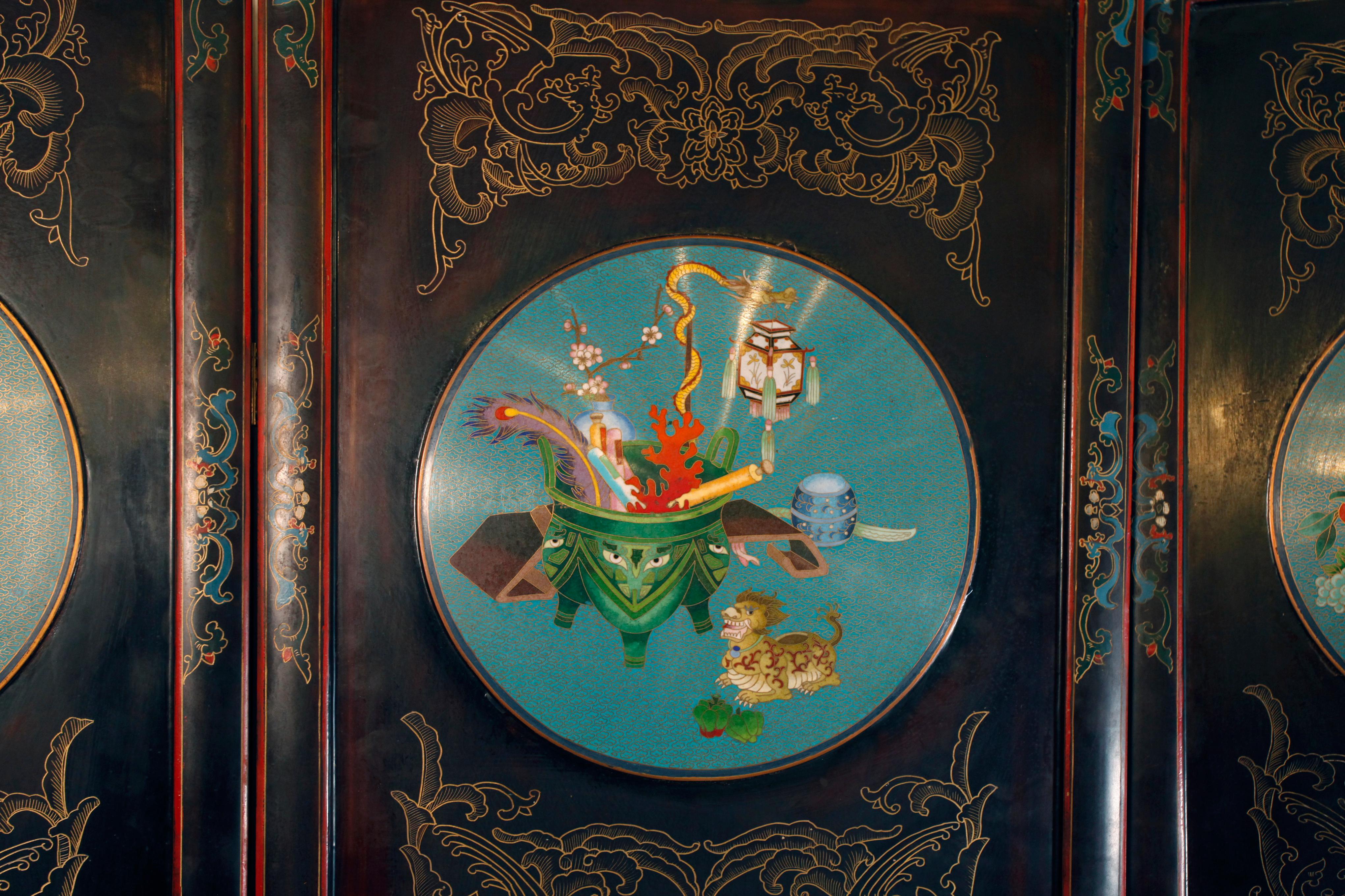 Cloissoné Chinese six panel screen with cloisonné insets For Sale