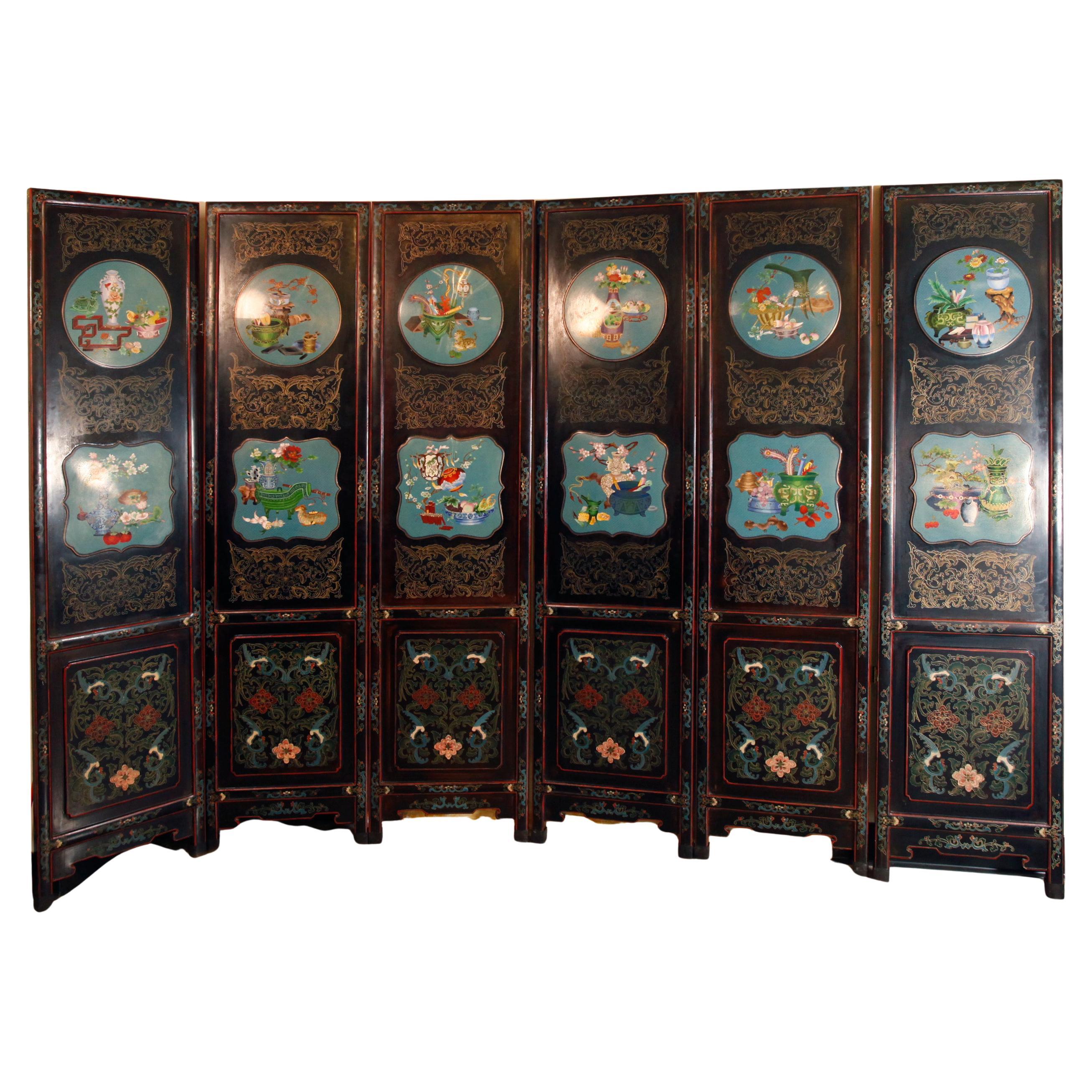 Chinese six panel screen with cloisonné insets