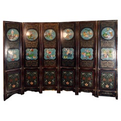 Chinese six panel screen with cloisonné insets