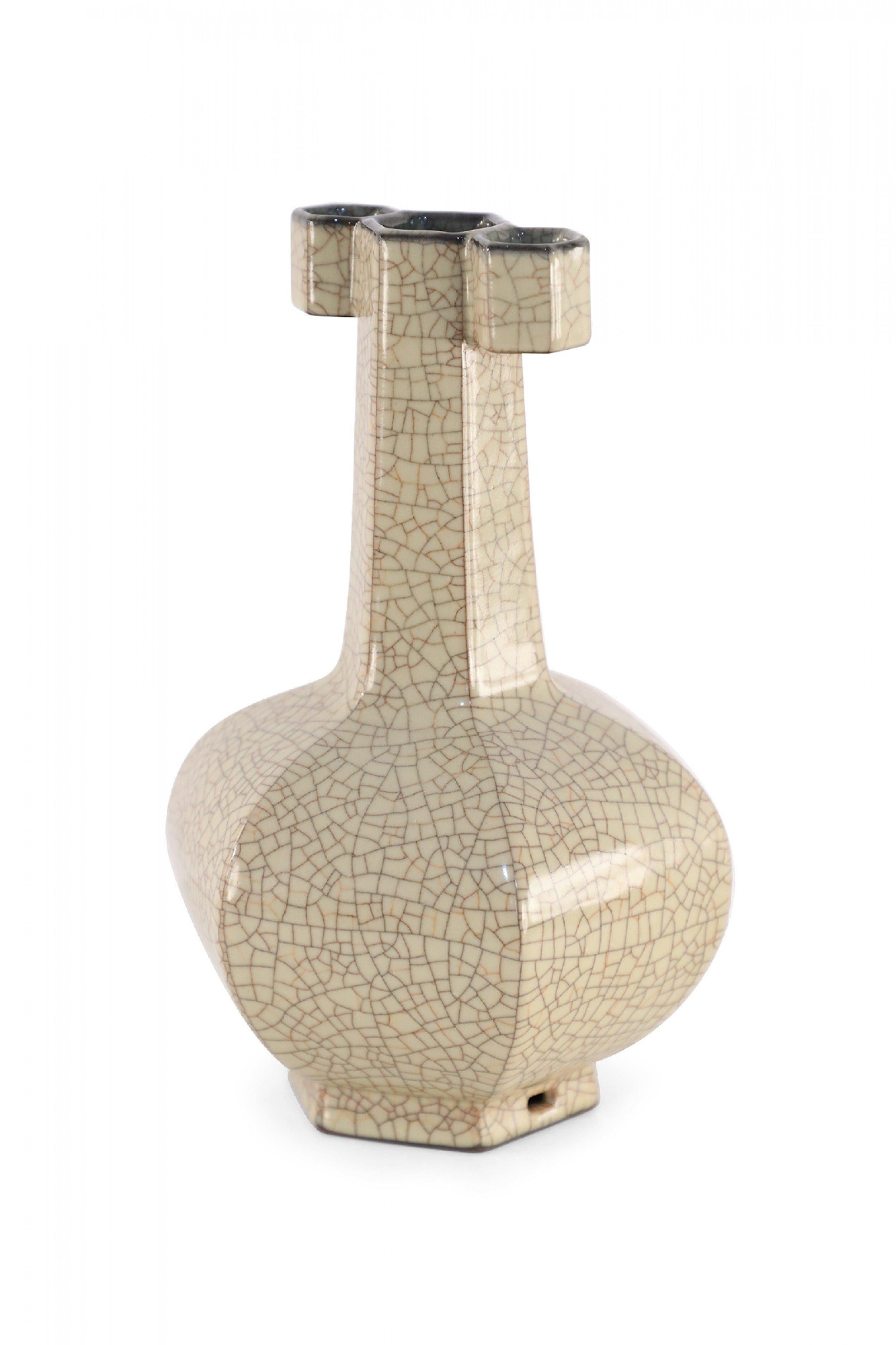 Chinese Six-Sided Beige Crackled Porcelain Vase For Sale 6