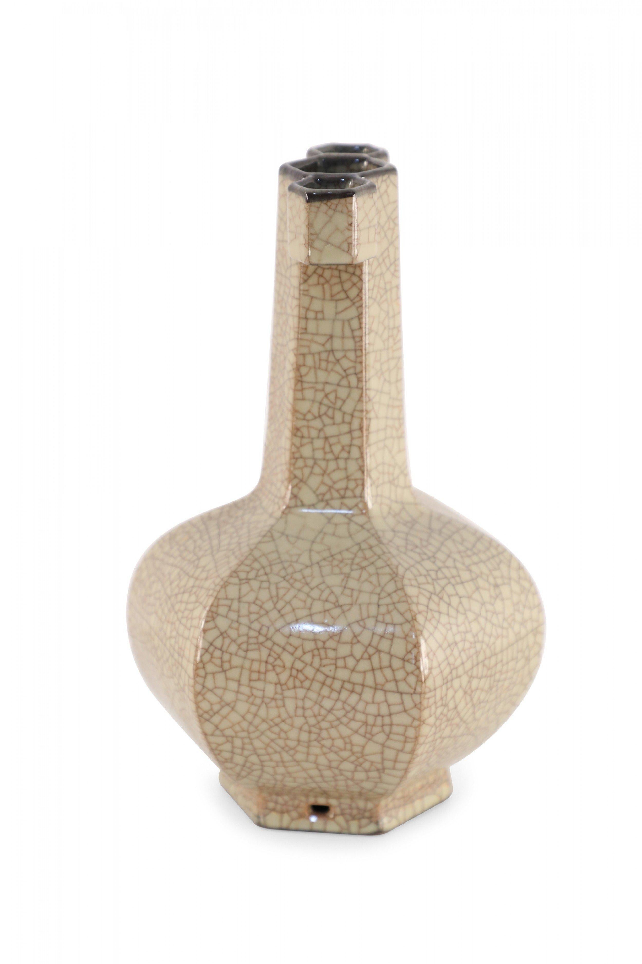 Chinese Six-Sided Beige Crackled Porcelain Vase For Sale 1