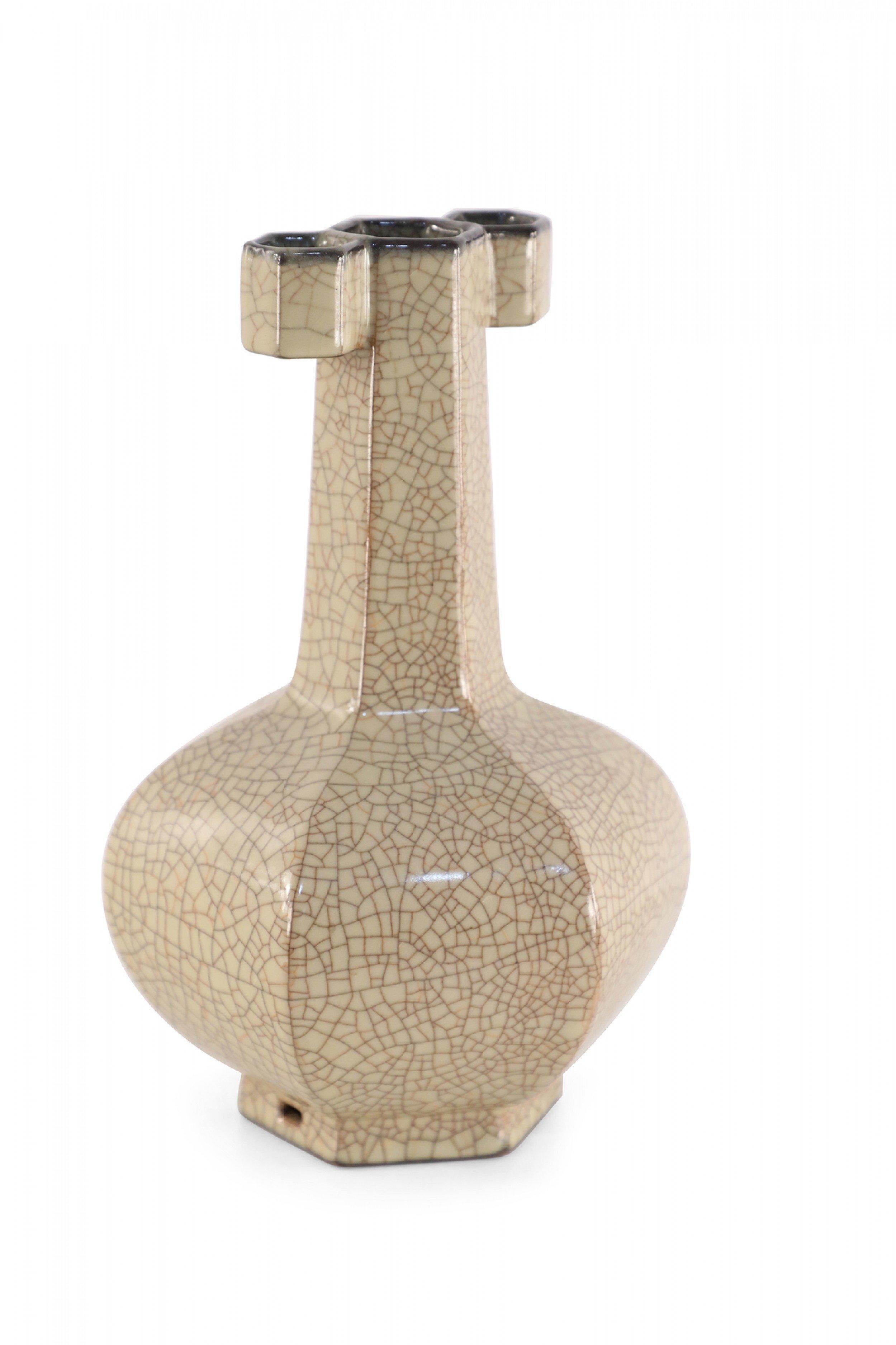 Chinese Six-Sided Beige Crackled Porcelain Vase For Sale 4