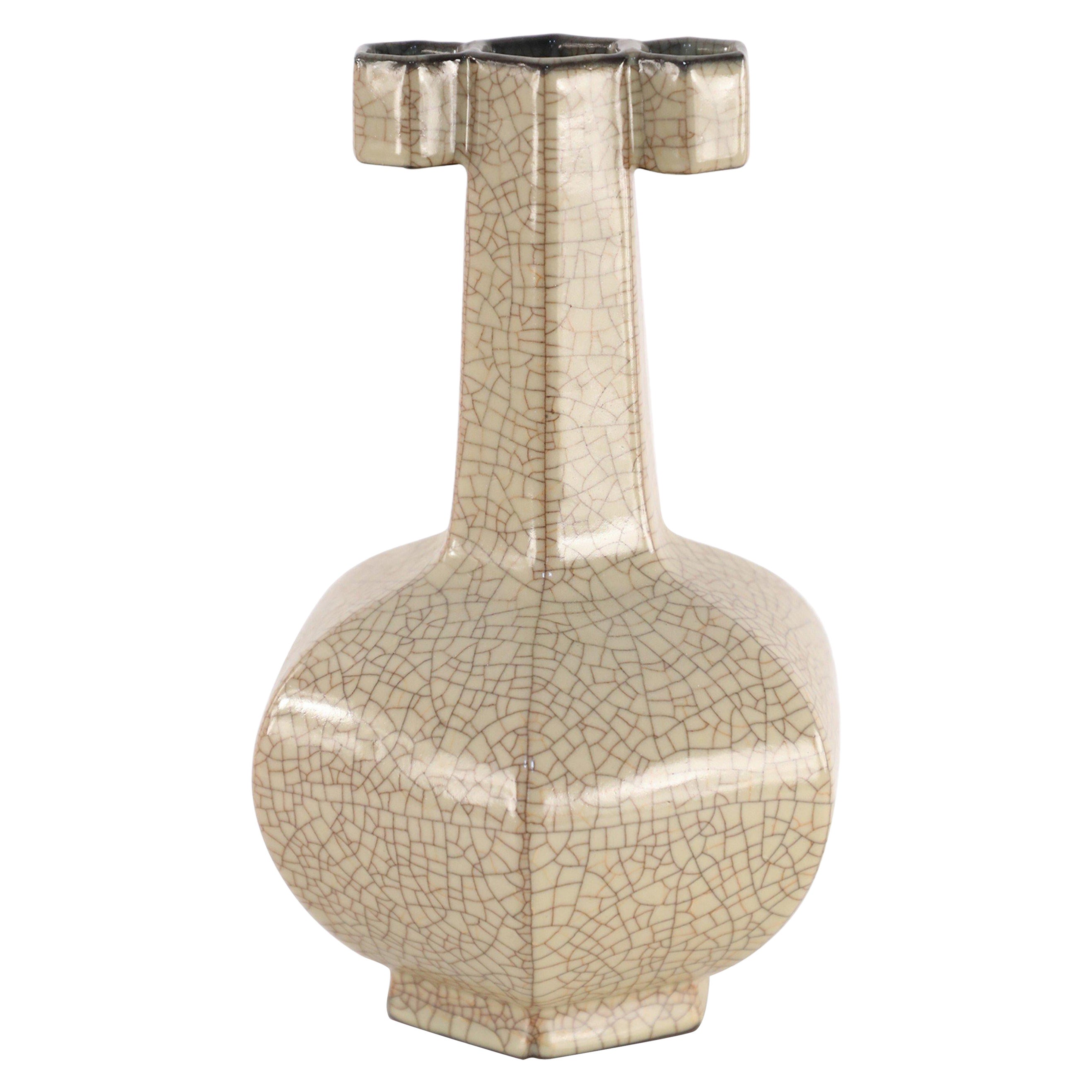 Chinese Six-Sided Beige Crackled Porcelain Vase