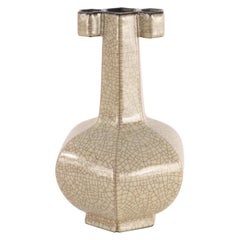 Chinese Six-Sided Beige Crackled Porcelain Vase
