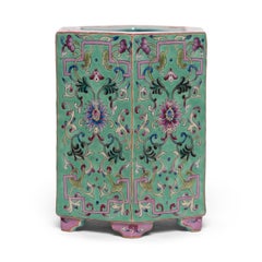 Chinese Six-Sided Blue Famille Rose Brush Pot