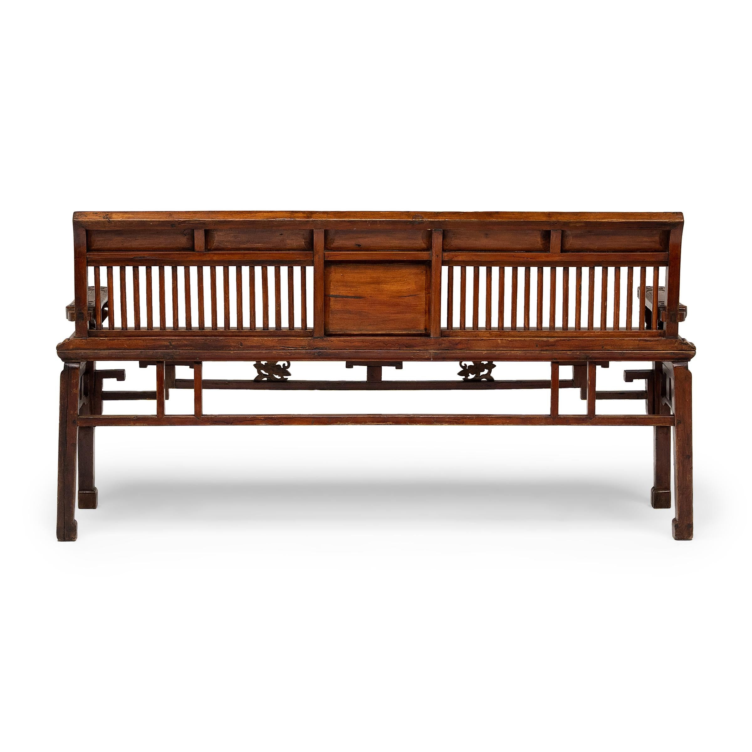 Wood Chinese Slatted Back Bench, c. 1900 For Sale