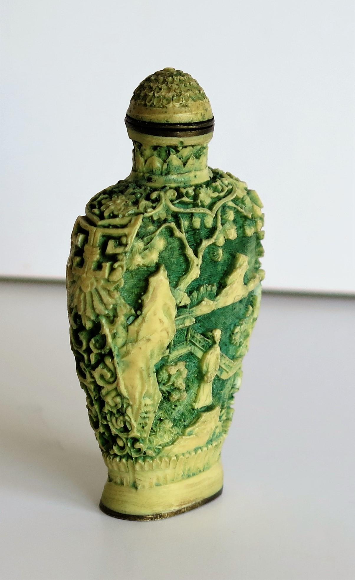 Bone Chinese Snuff Bottle Deeply Carved with 4-Character Mark to Base, circa 1930