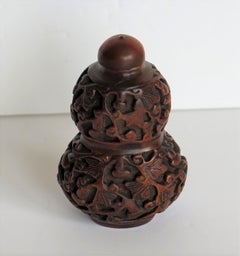 Chinese Snuff Bottle Gourd Shape Hand Carved Boxwood with Spoon, 19th Century