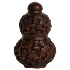 Chinese Snuff Bottle Gourd Shape Hand Carved Boxwood with Spoon, 19th Century