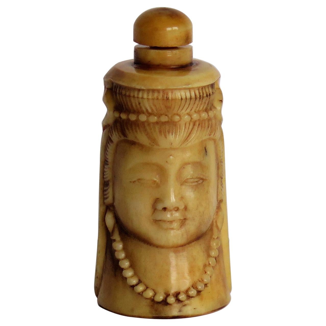 Chinese Snuff Bottle Guanyin Buddhist Deity Hand Carved Bovine Bone, circa 1930s