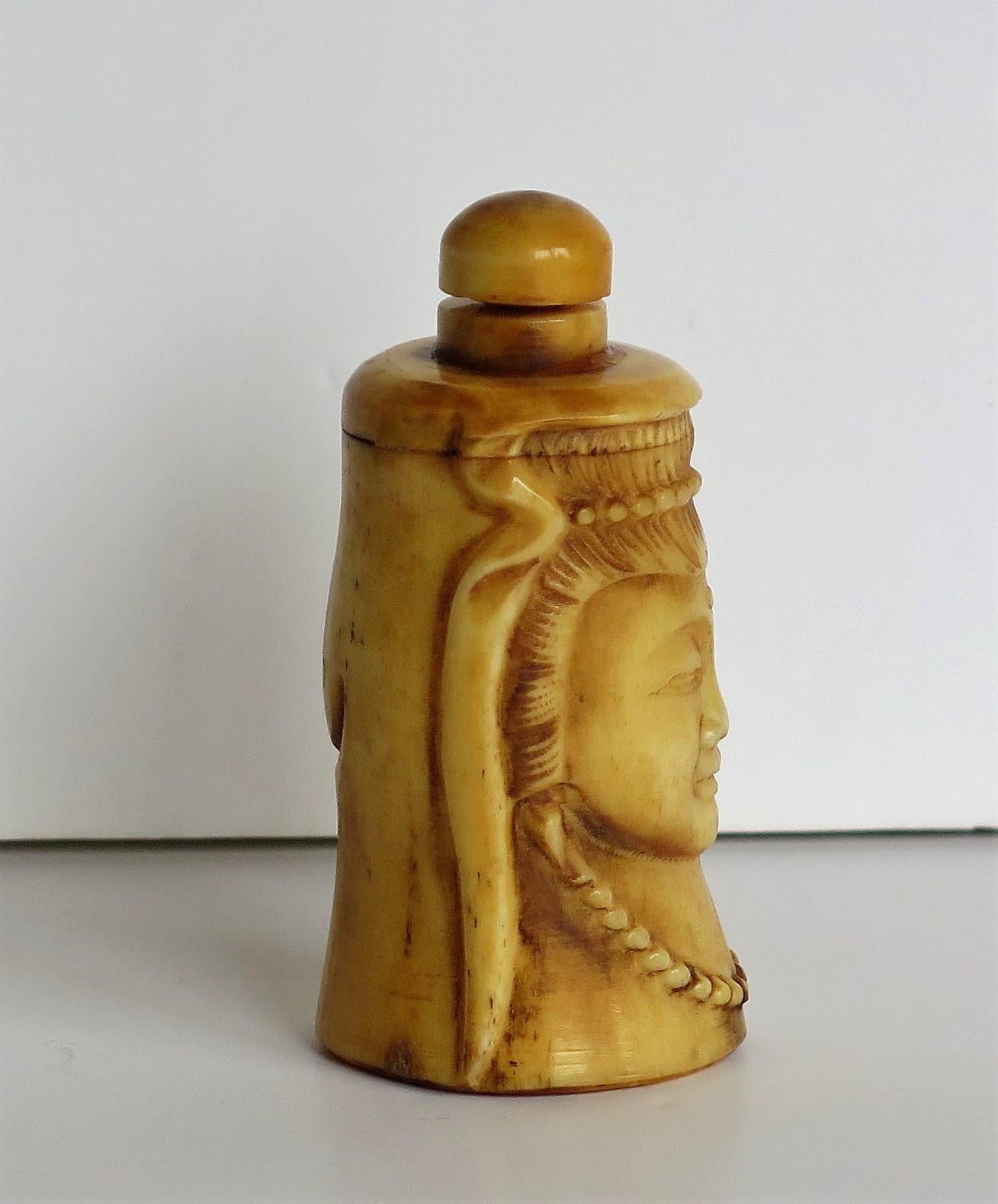 Qing Chinese Snuff Bottle Guanyin Buddhist Deity Hand Carved Bovine Bone, circa 1930s