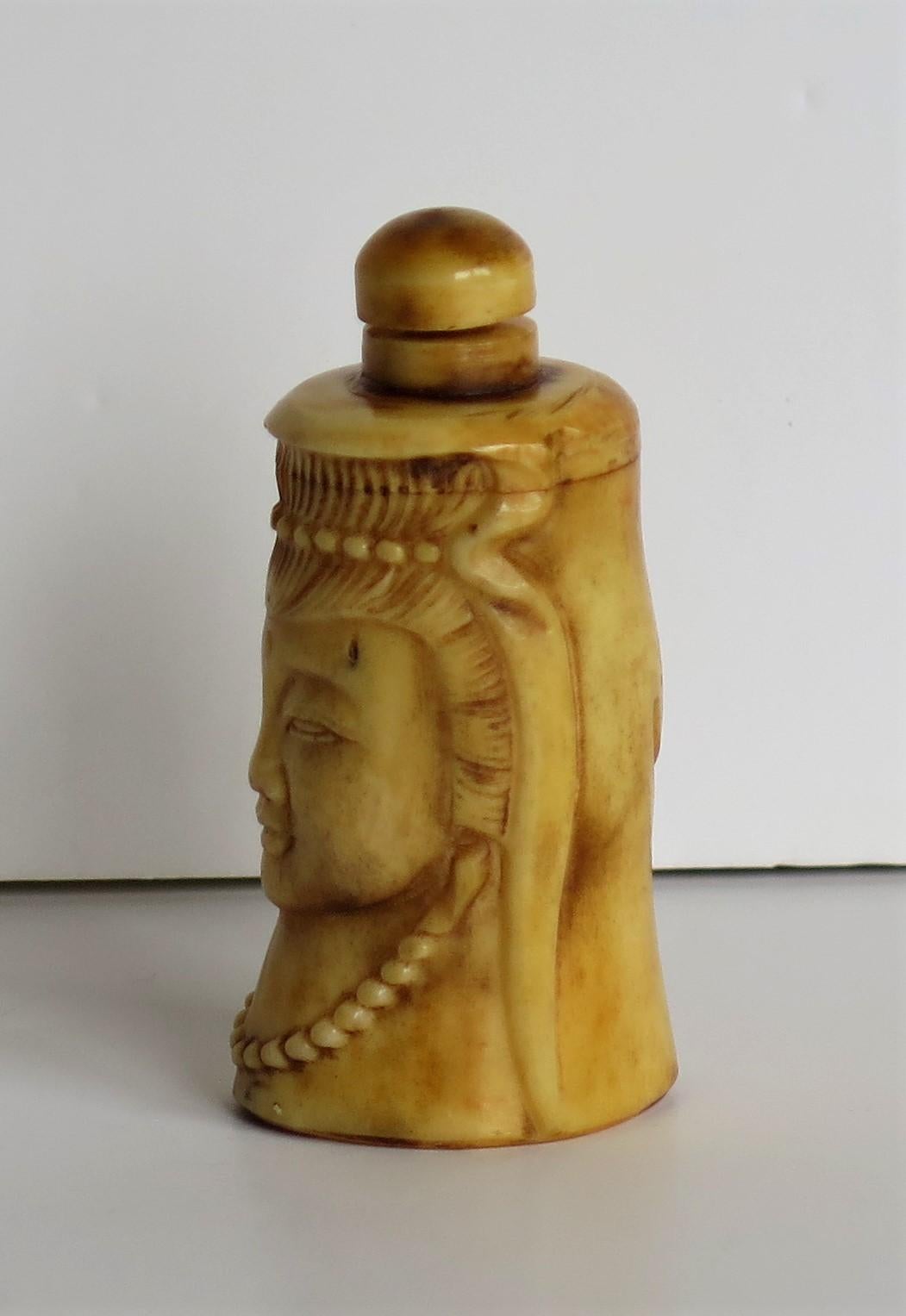 Hand-Carved Chinese Snuff Bottle Guanyin Buddhist Deity Hand Carved Bovine Bone, circa 1930s