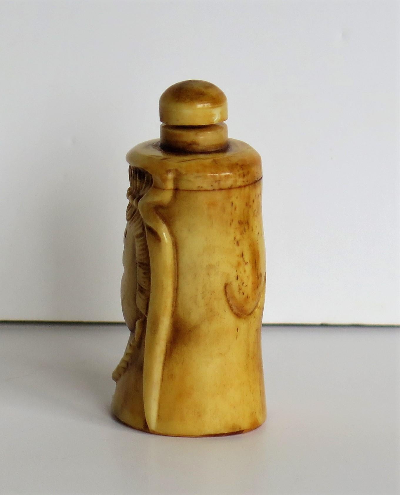 20th Century Chinese Snuff Bottle Guanyin Buddhist Deity Hand Carved Bovine Bone, circa 1930s