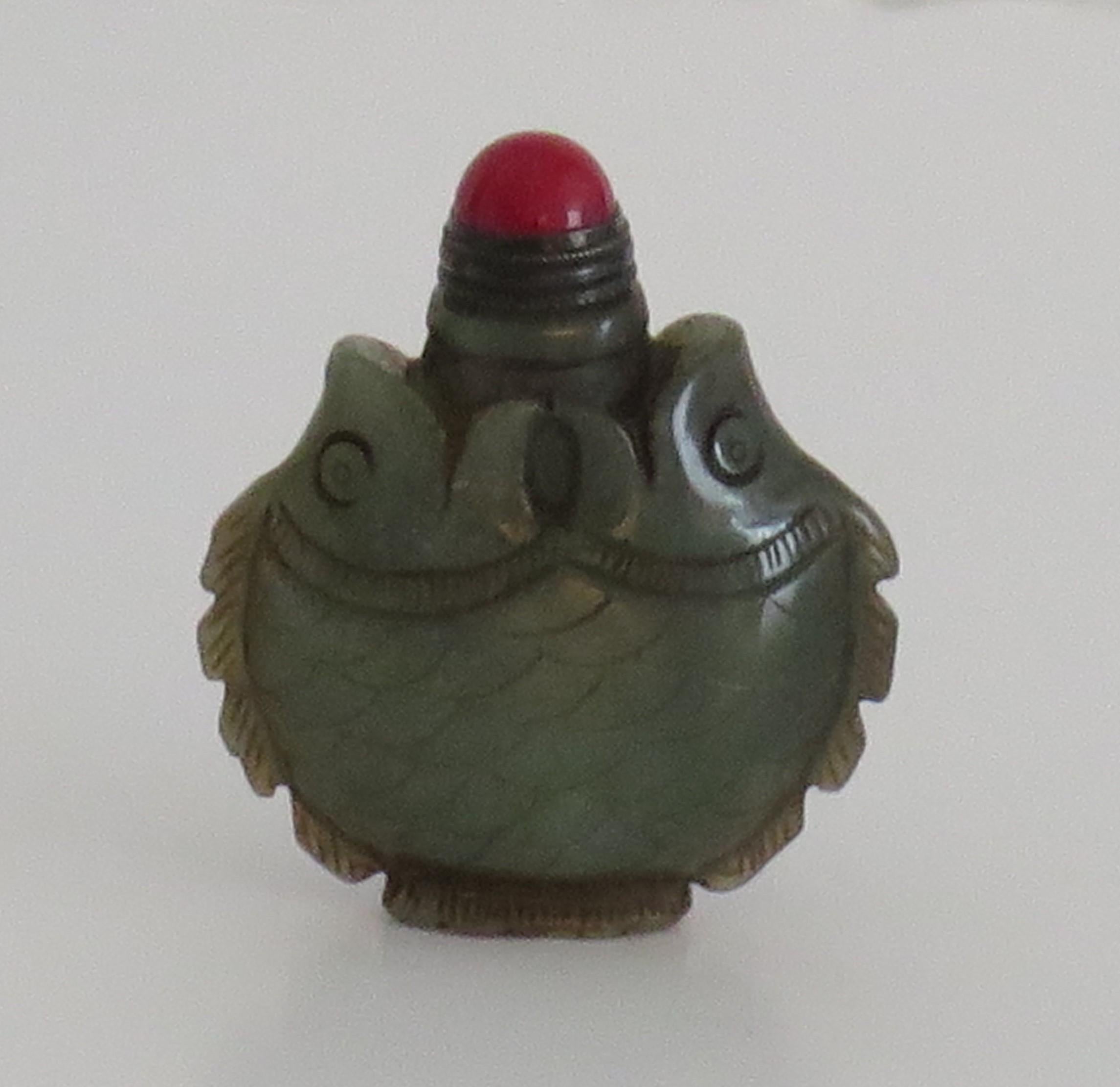 Bronze Chinese Snuff Bottle Hand Carved Natural Serpentine Stone Spoon Top, circa 1920s For Sale