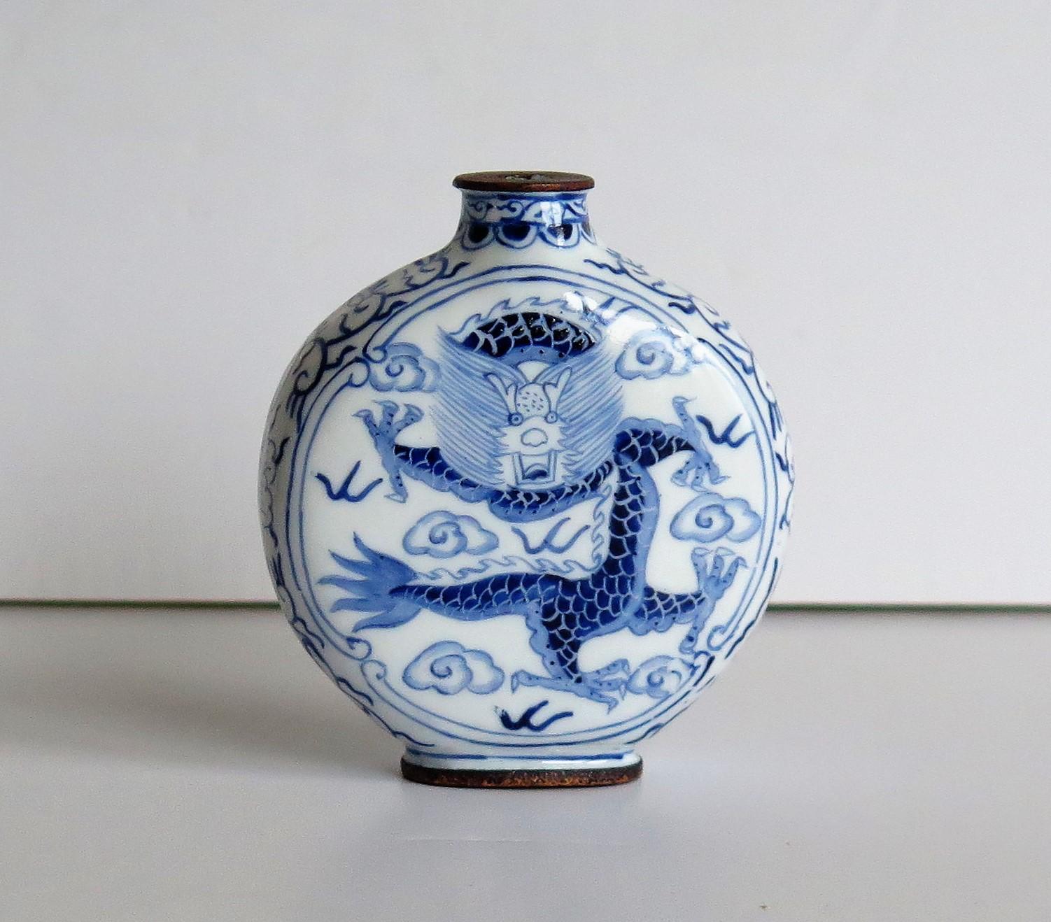 Chinese Snuff Bottle Hand Enamelled Blue and White Dragon on Copper, circa 1940s 4