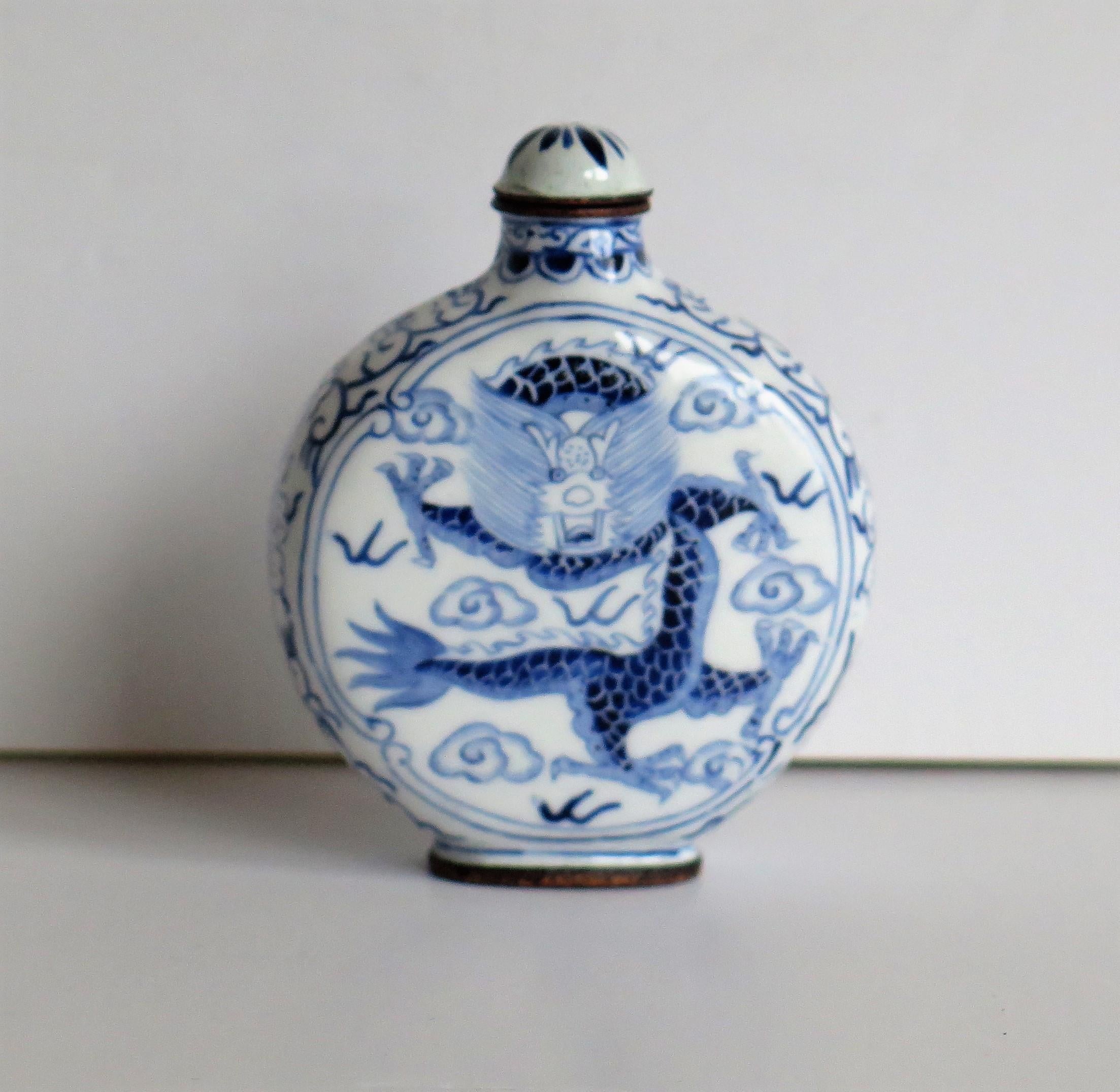 Chinese Snuff Bottle Hand Enamelled Blue and White Dragon on Copper, circa 1940s 5