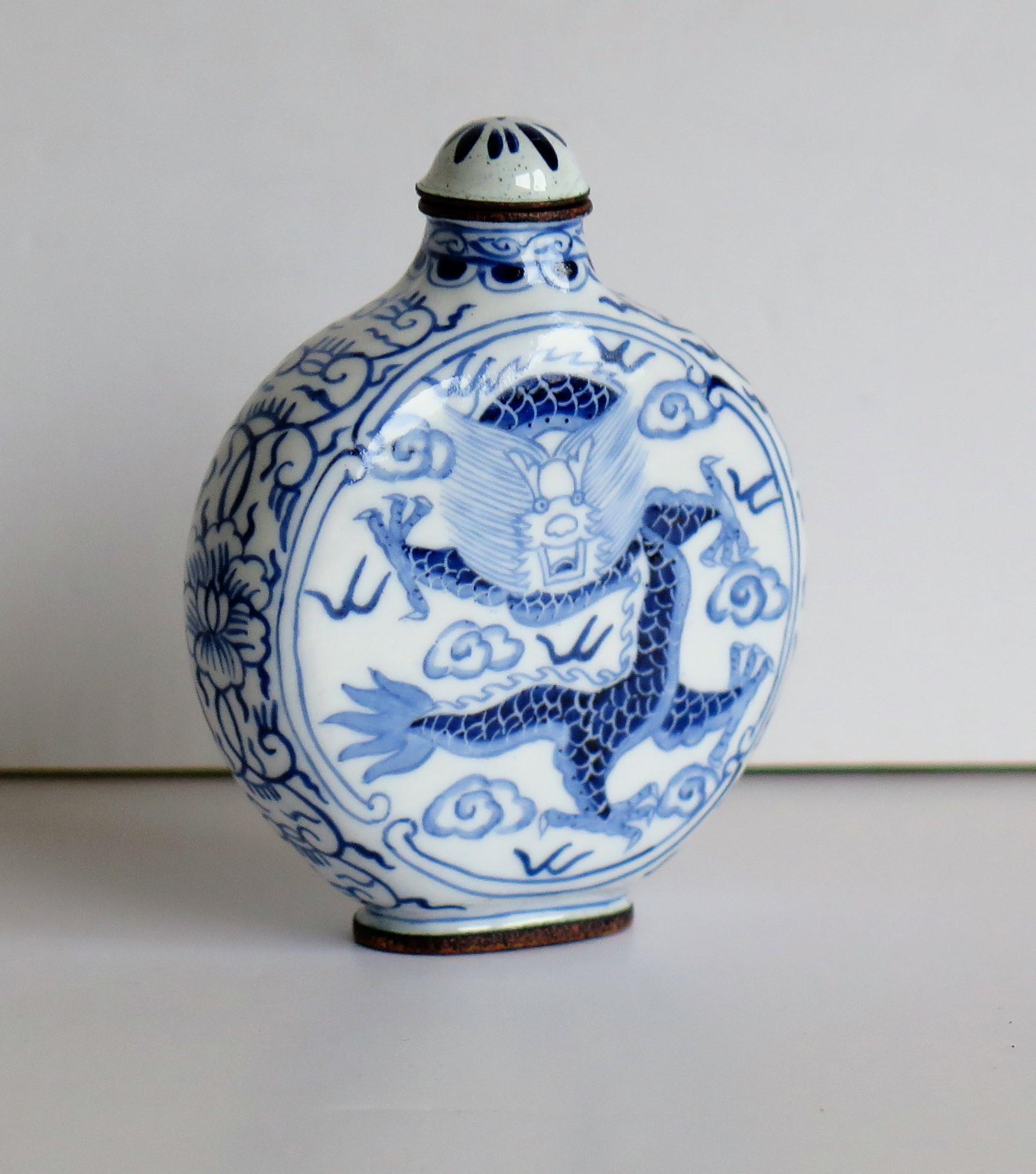 Chinese Snuff Bottle Hand Enamelled Blue and White Dragon on Copper, circa 1940s 6