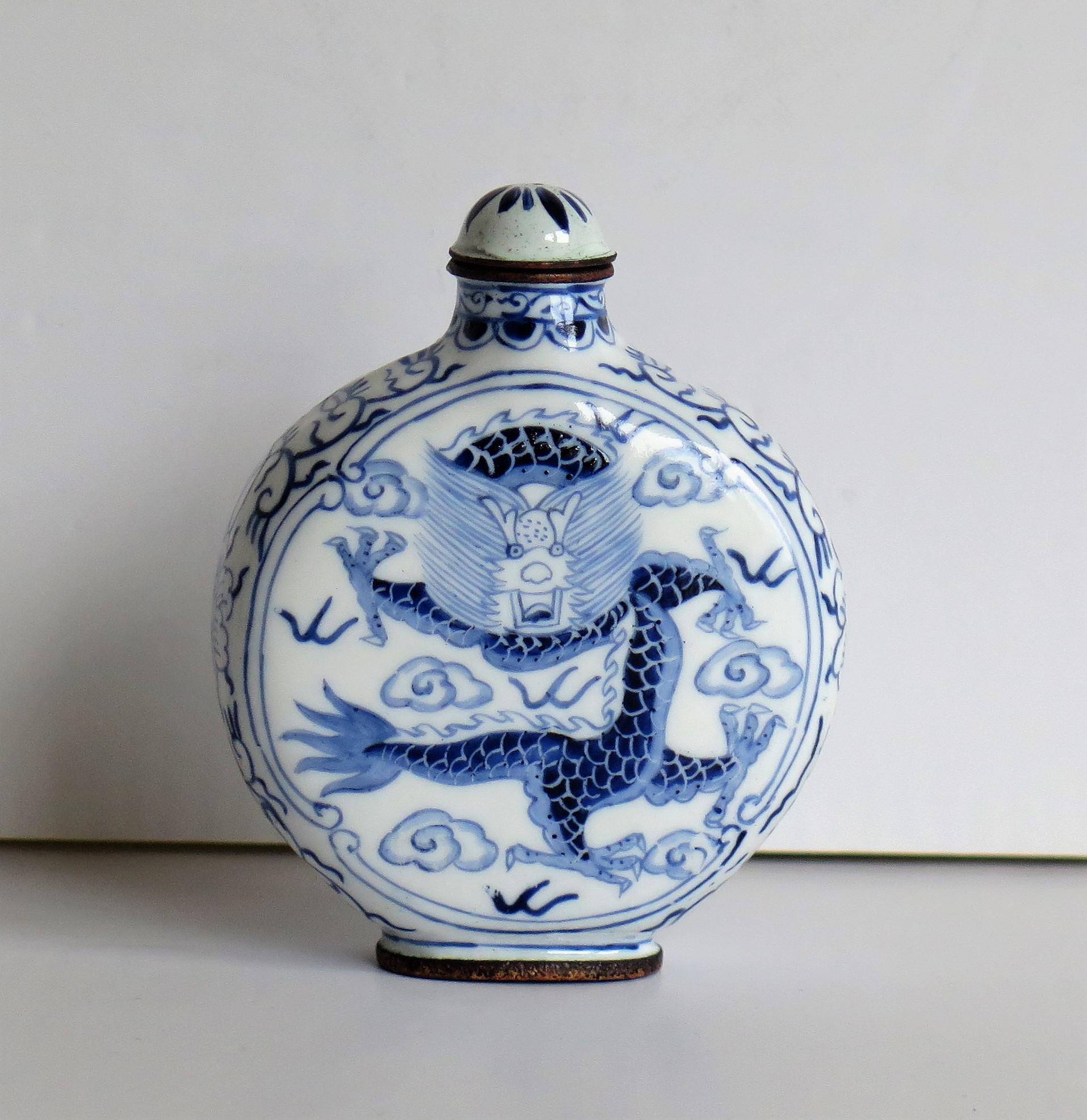 Chinese Snuff Bottle Hand Enamelled Blue and White Dragon on Copper, circa 1940s 7