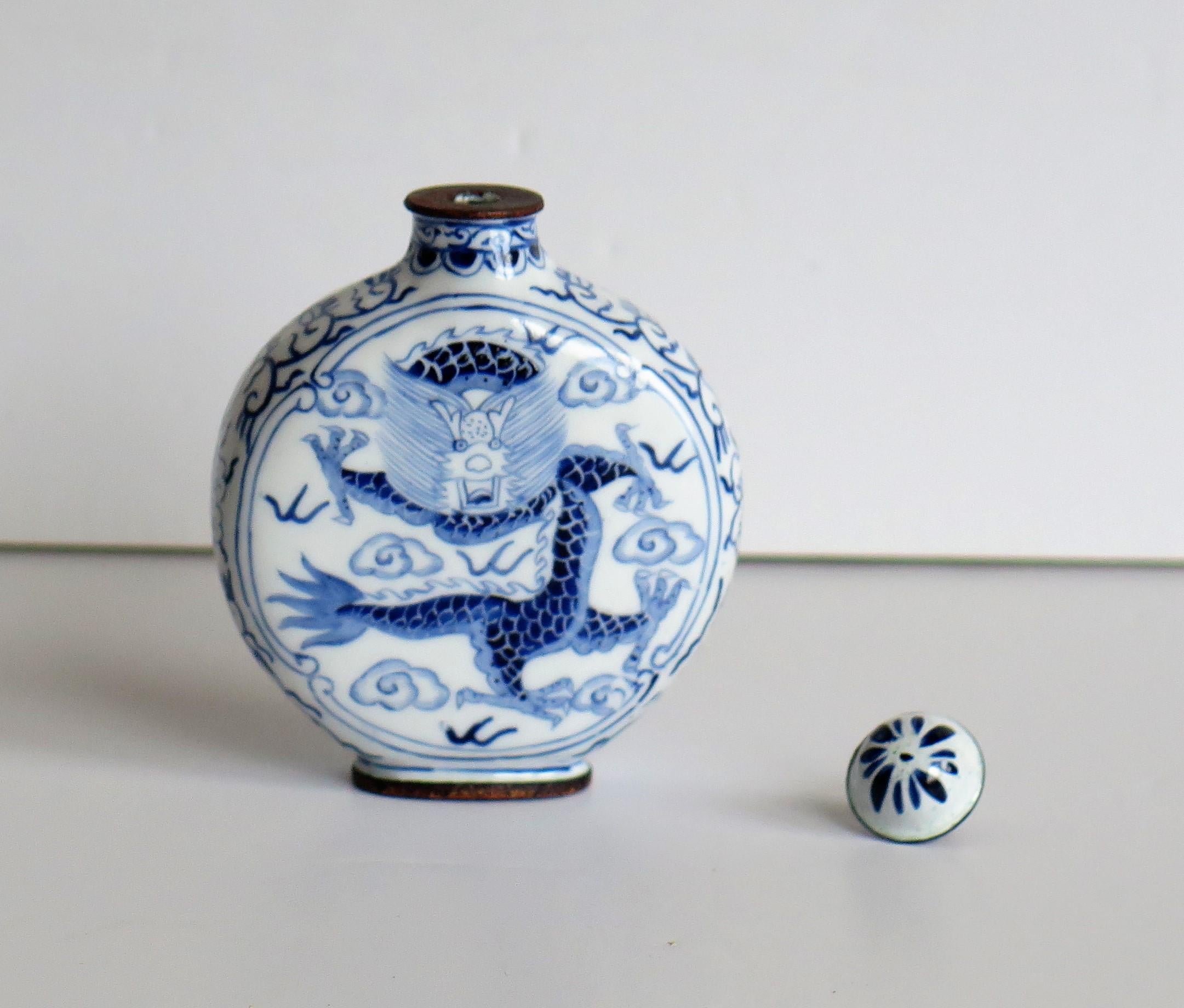 Chinese Snuff Bottle Hand Enamelled Blue and White Dragon on Copper, circa 1940s 8