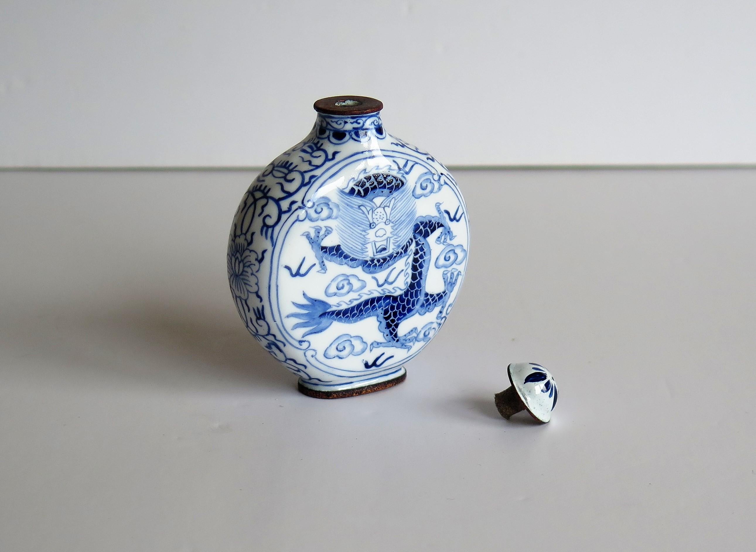 Chinese Snuff Bottle Hand Enamelled Blue and White Dragon on Copper, circa 1940s 9