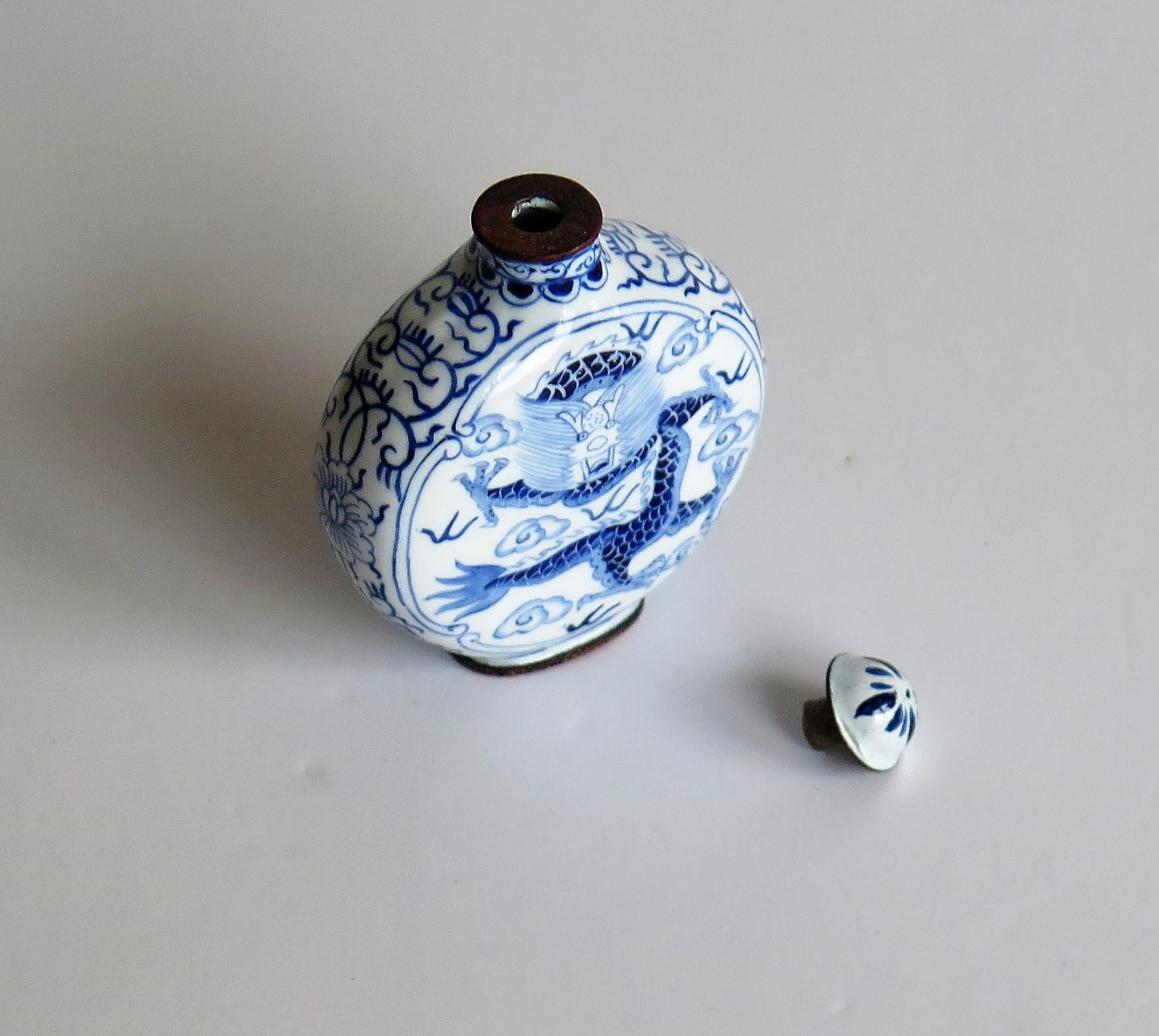 Chinese Snuff Bottle Hand Enamelled Blue and White Dragon on Copper, circa 1940s 10