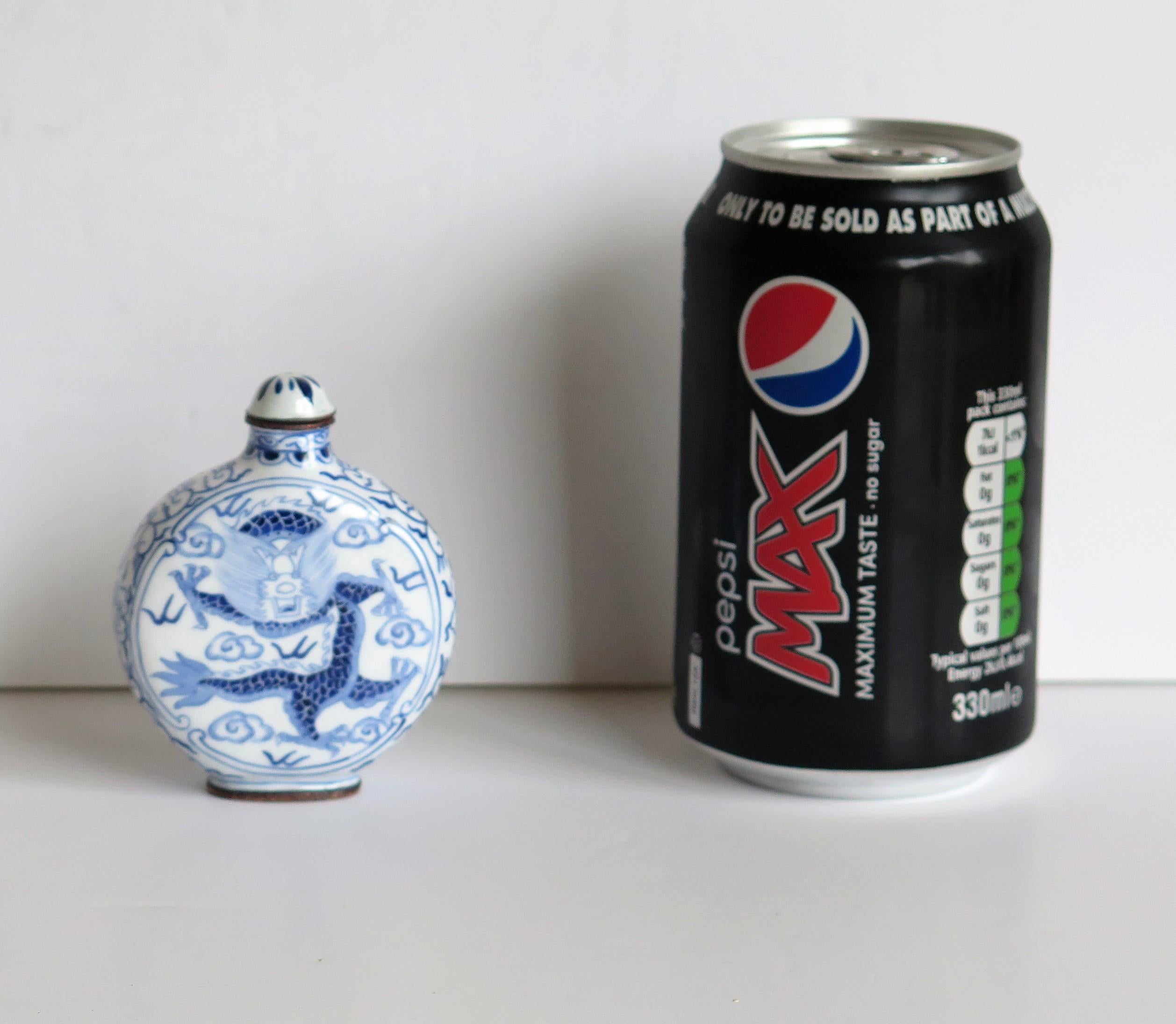 Chinese Snuff Bottle Hand Enamelled Blue and White Dragon on Copper, circa 1940s 14