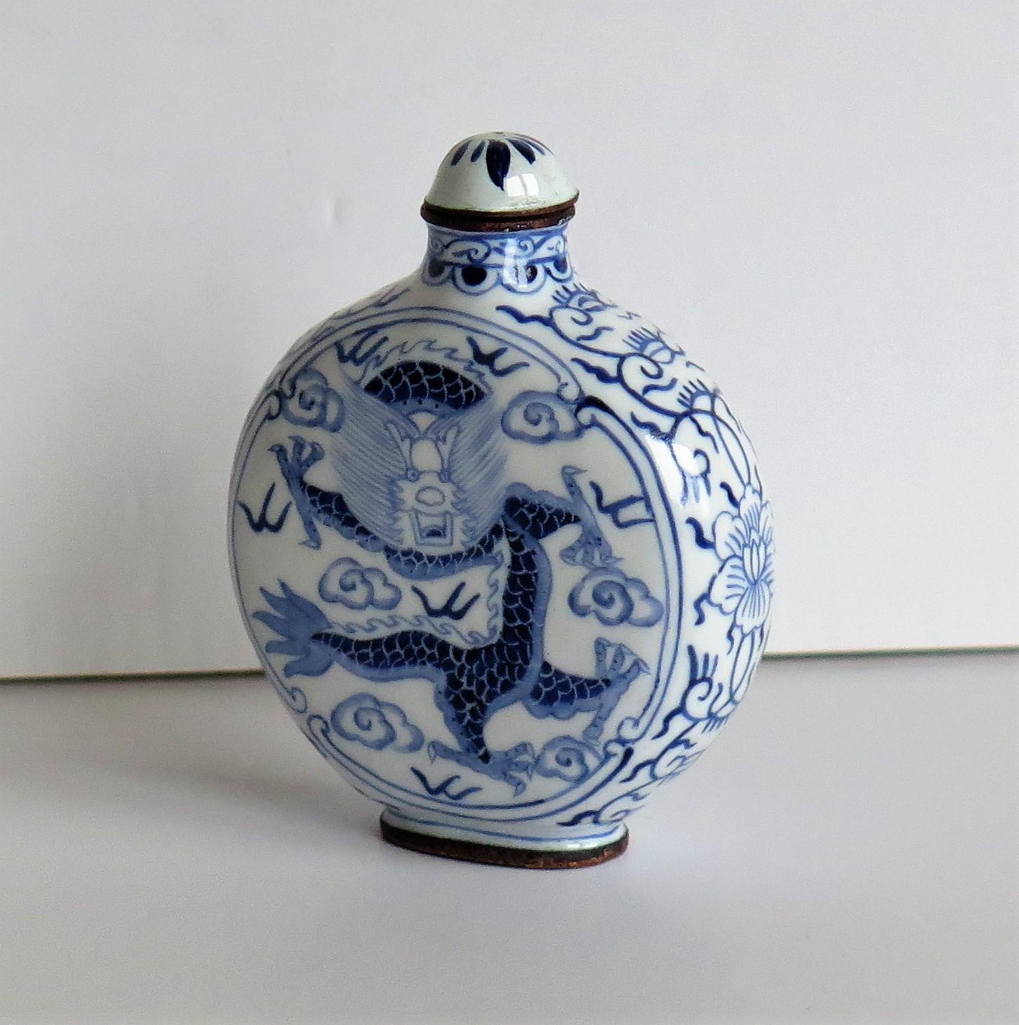 Qing Chinese Snuff Bottle Hand Enamelled Blue and White Dragon on Copper, circa 1940s