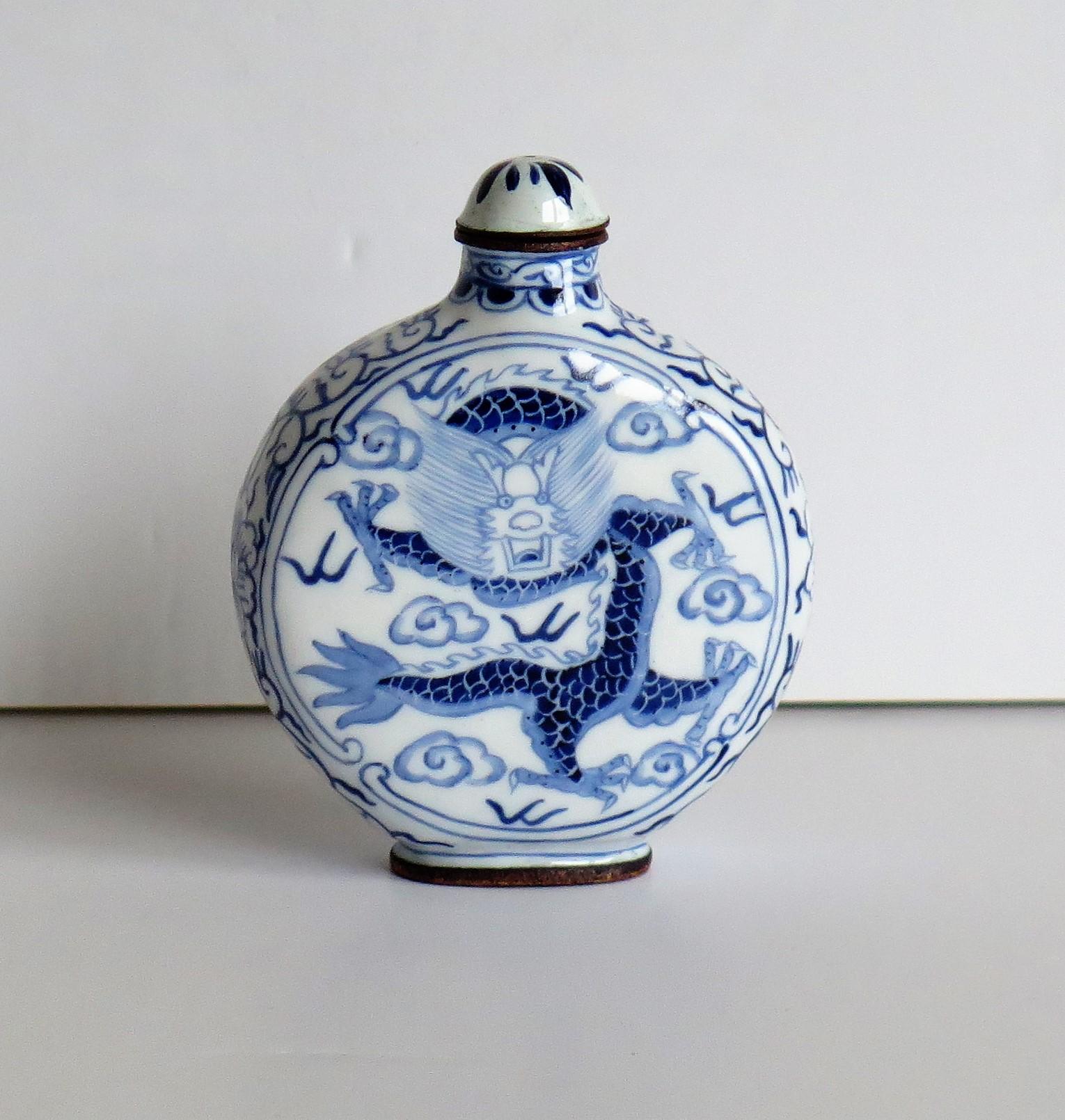 Enameled Chinese Snuff Bottle Hand Enamelled Blue and White Dragon on Copper, circa 1940s