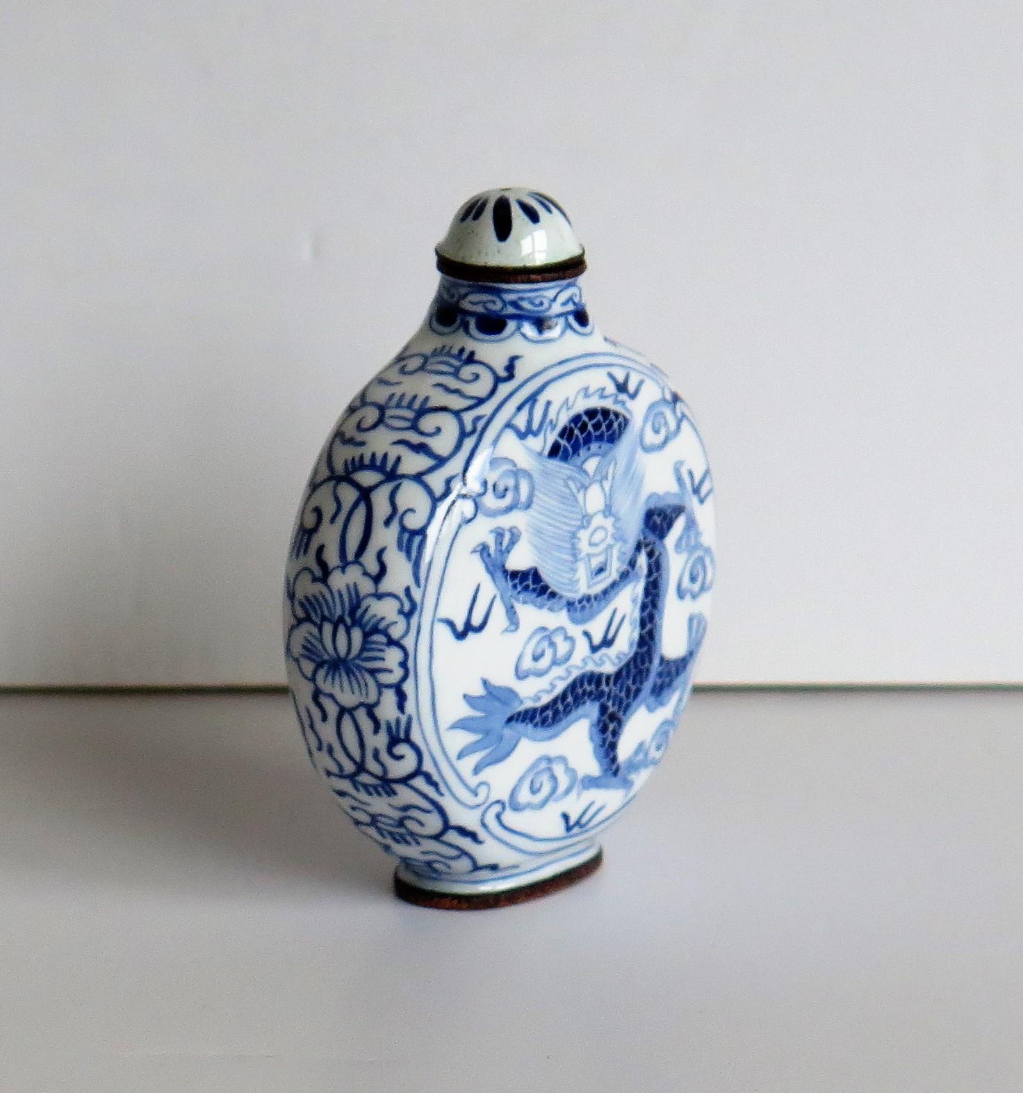 20th Century Chinese Snuff Bottle Hand Enamelled Blue and White Dragon on Copper, circa 1940s