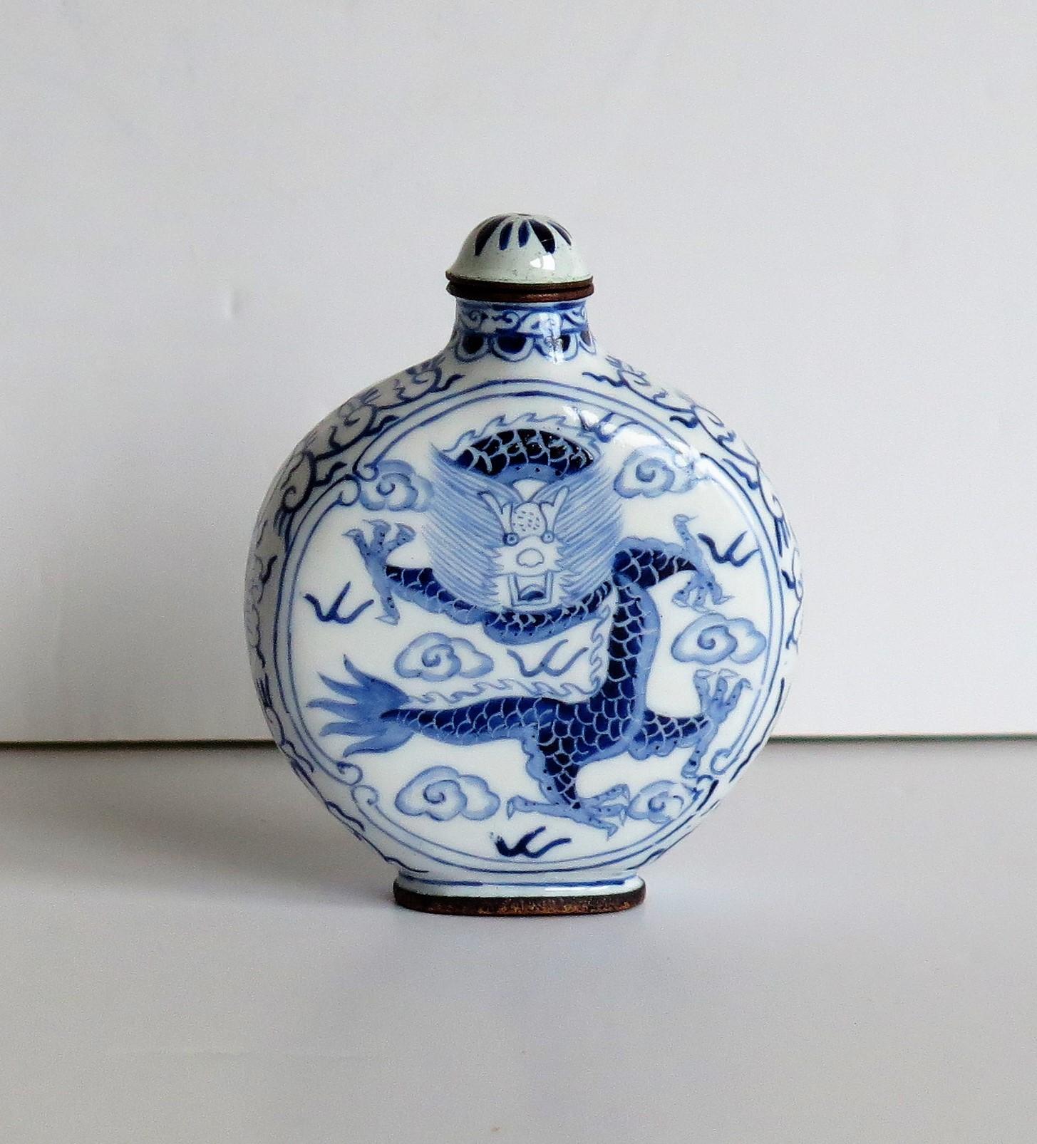 Chinese Snuff Bottle Hand Enamelled Blue and White Dragon on Copper, circa 1940s 2