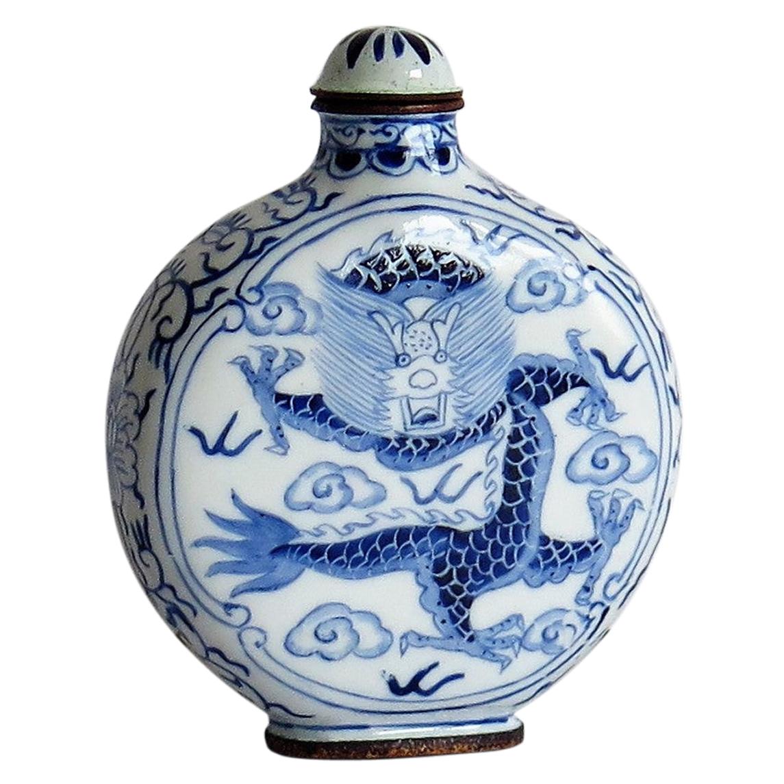 Chinese Snuff Bottle Hand Enamelled Blue and White Dragon on Copper, circa 1940s