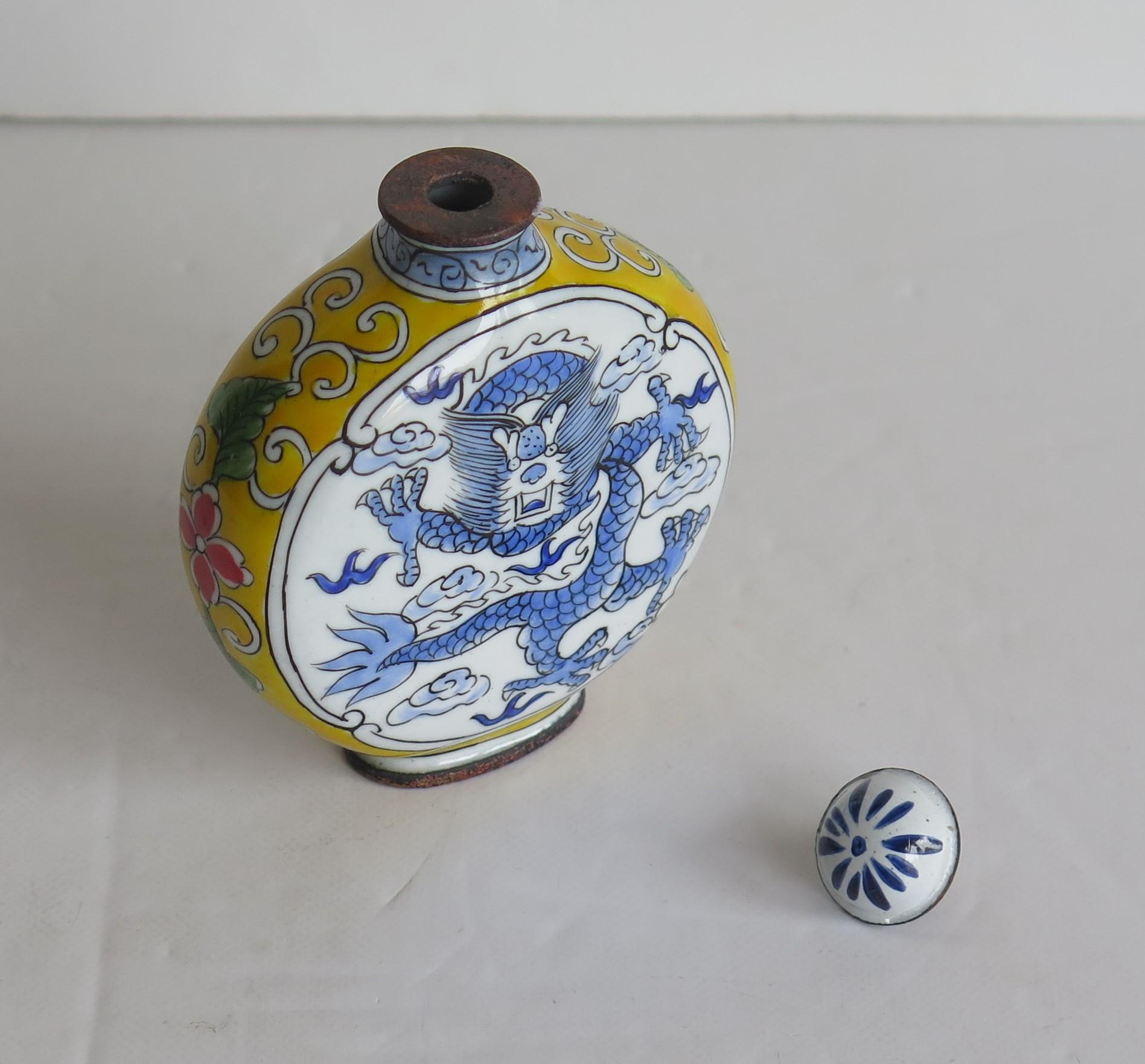 Chinese Snuff Bottle Hand Enamelled Dragon on Copper 4-Cha'r Mark, circa 1940s 6