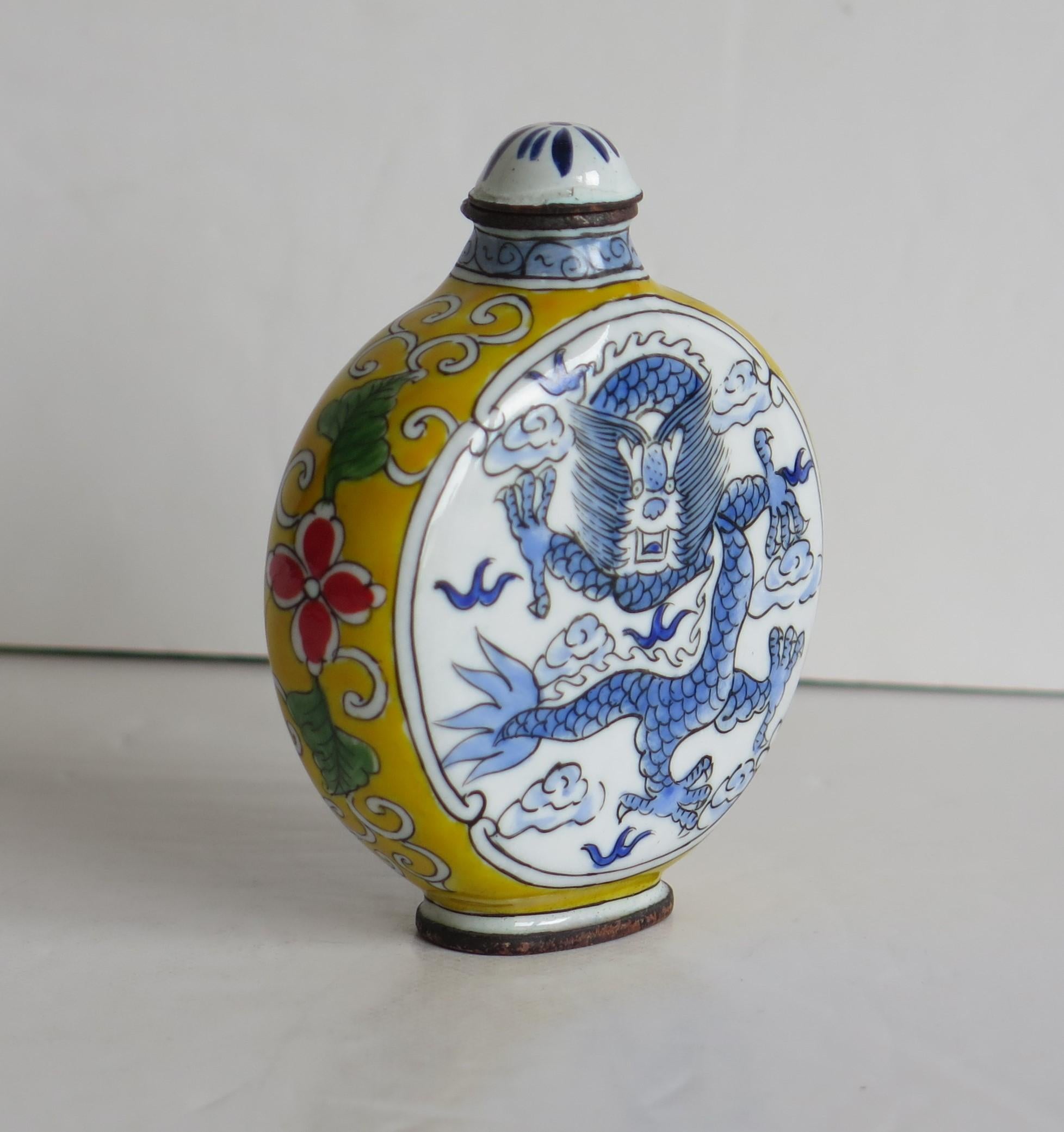 Qing Chinese Snuff Bottle Hand Enamelled Dragon on Copper 4-Cha'r Mark, circa 1940s