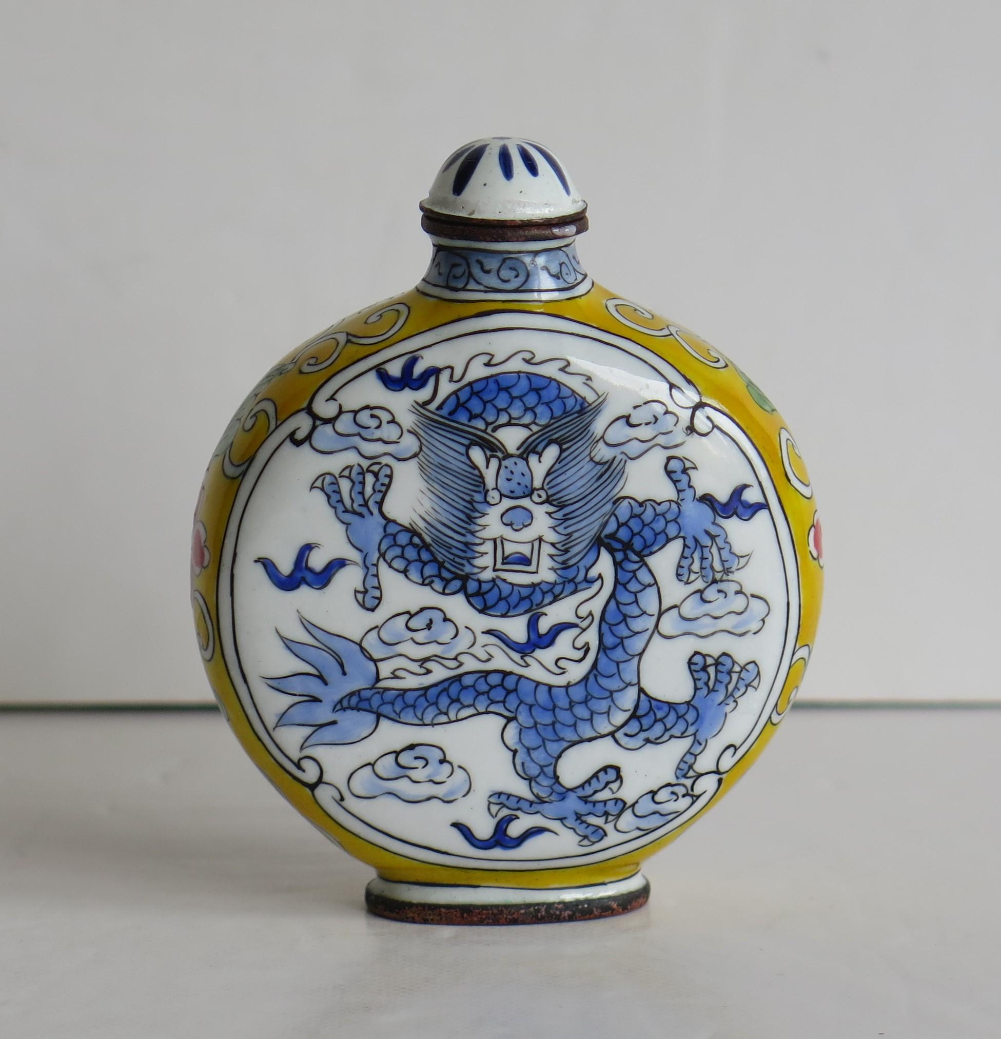 Enameled Chinese Snuff Bottle Hand Enamelled Dragon on Copper 4-Cha'r Mark, circa 1940s