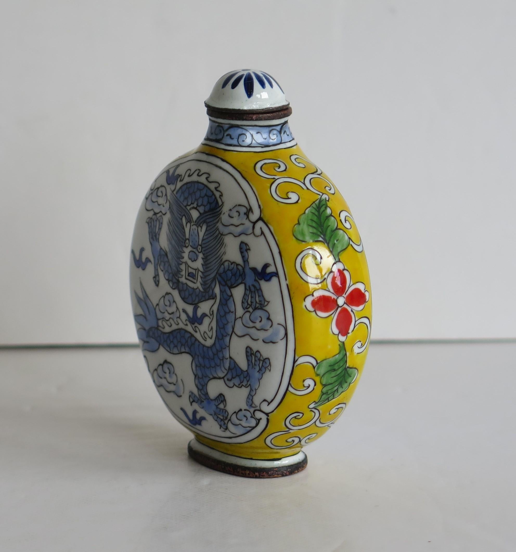 20th Century Chinese Snuff Bottle Hand Enamelled Dragon on Copper 4-Cha'r Mark, circa 1940s