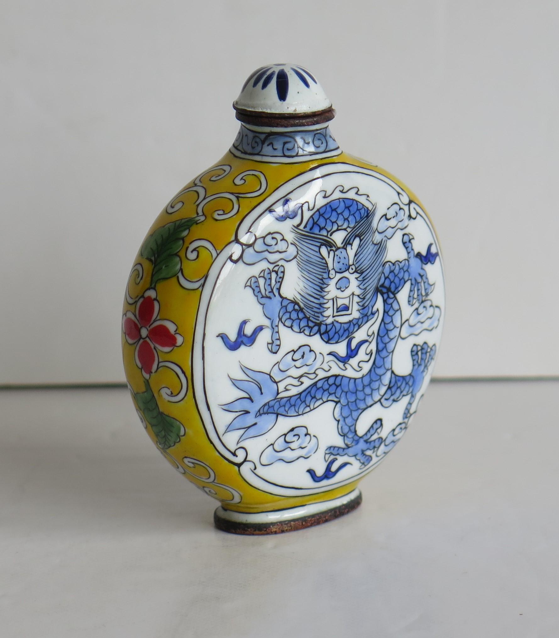 Chinese Snuff Bottle Hand Enamelled Dragon on Copper 4-Cha'r Mark, circa 1940s 1