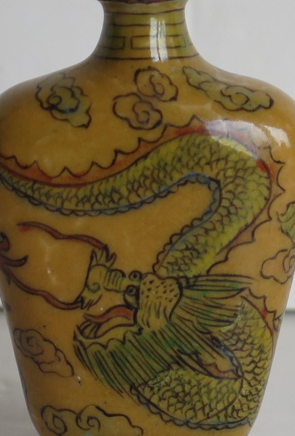 Chinese Snuff Bottle Hand Enamelled Dragons on Copper & Spoon Top, circa 1920s 4