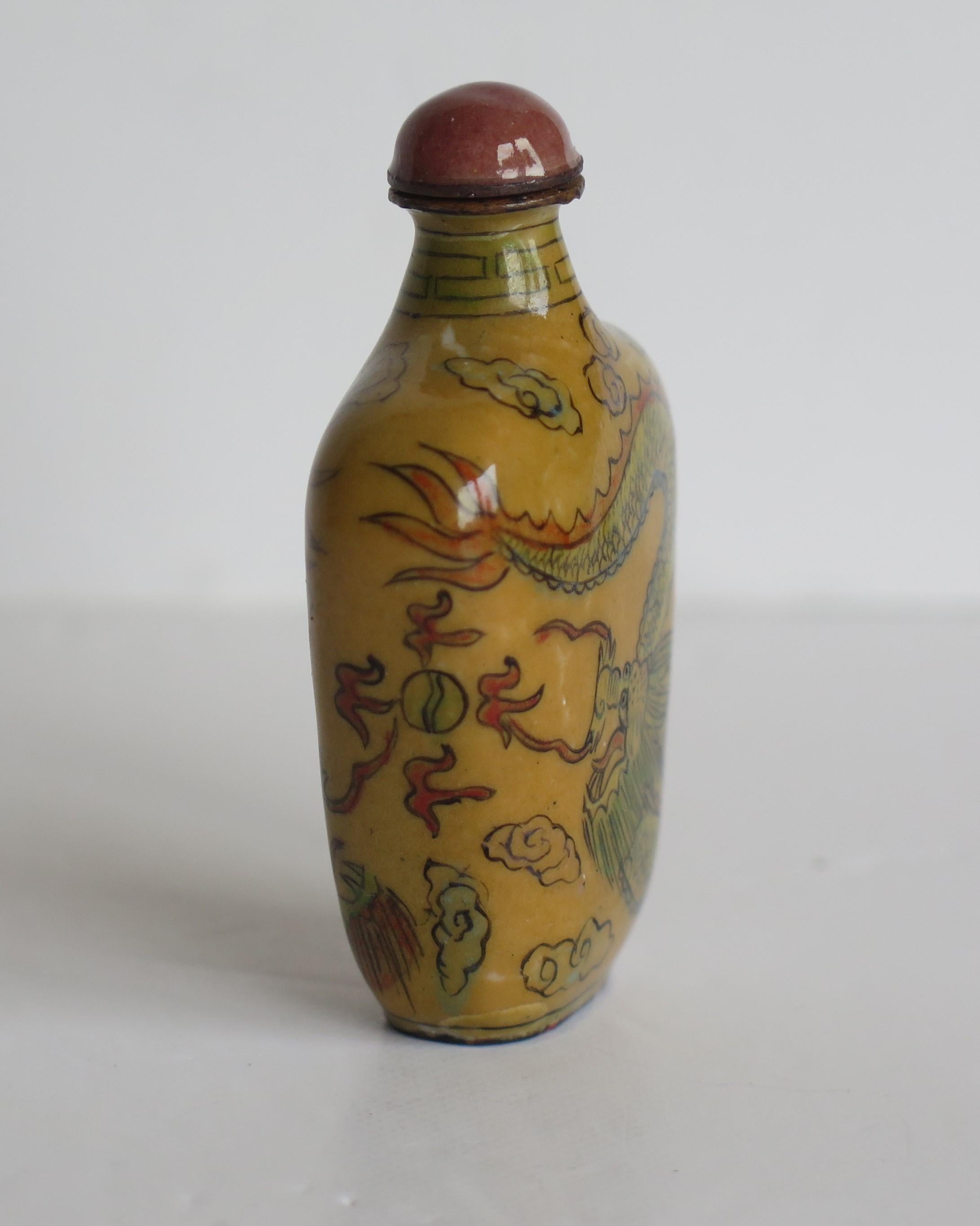 Chinese Snuff Bottle Hand Enamelled Dragons on Copper & Spoon Top, circa 1920s 5