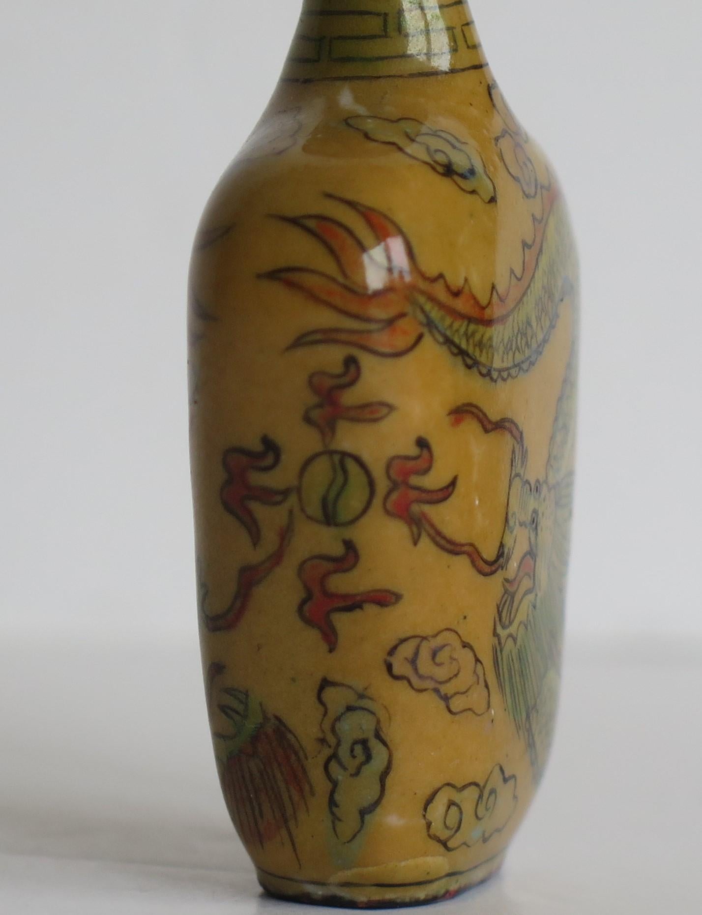 Chinese Snuff Bottle Hand Enamelled Dragons on Copper & Spoon Top, circa 1920s 6