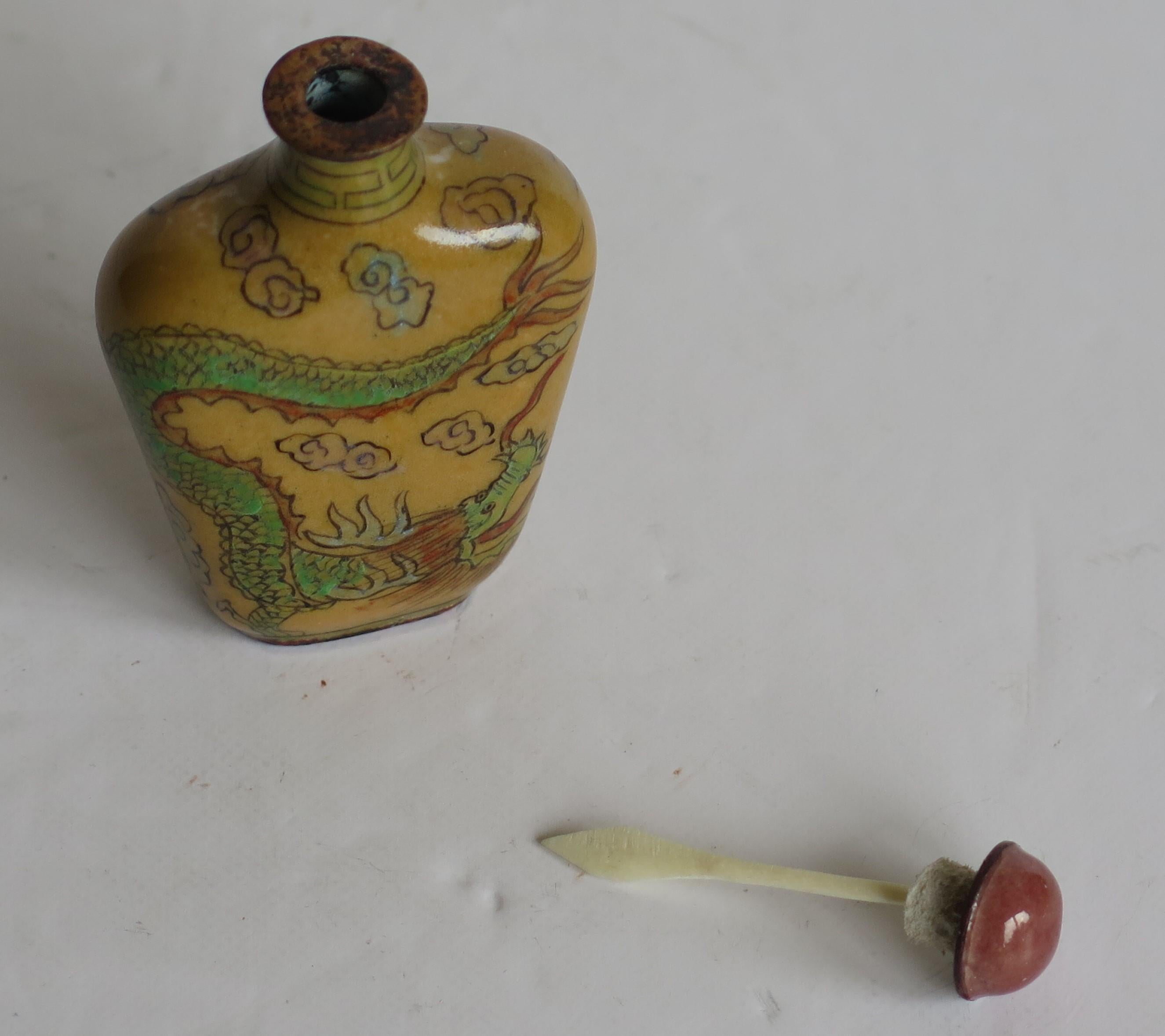 Chinese Snuff Bottle Hand Enamelled Dragons on Copper & Spoon Top, circa 1920s 7