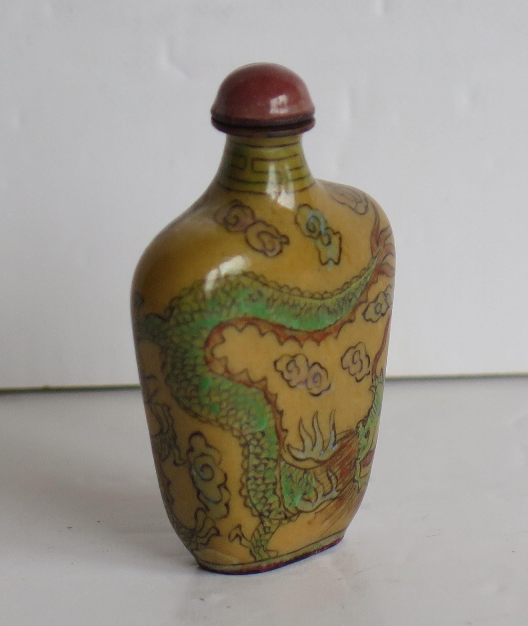 Qing Chinese Snuff Bottle Hand Enamelled Dragons on Copper & Spoon Top, circa 1920s