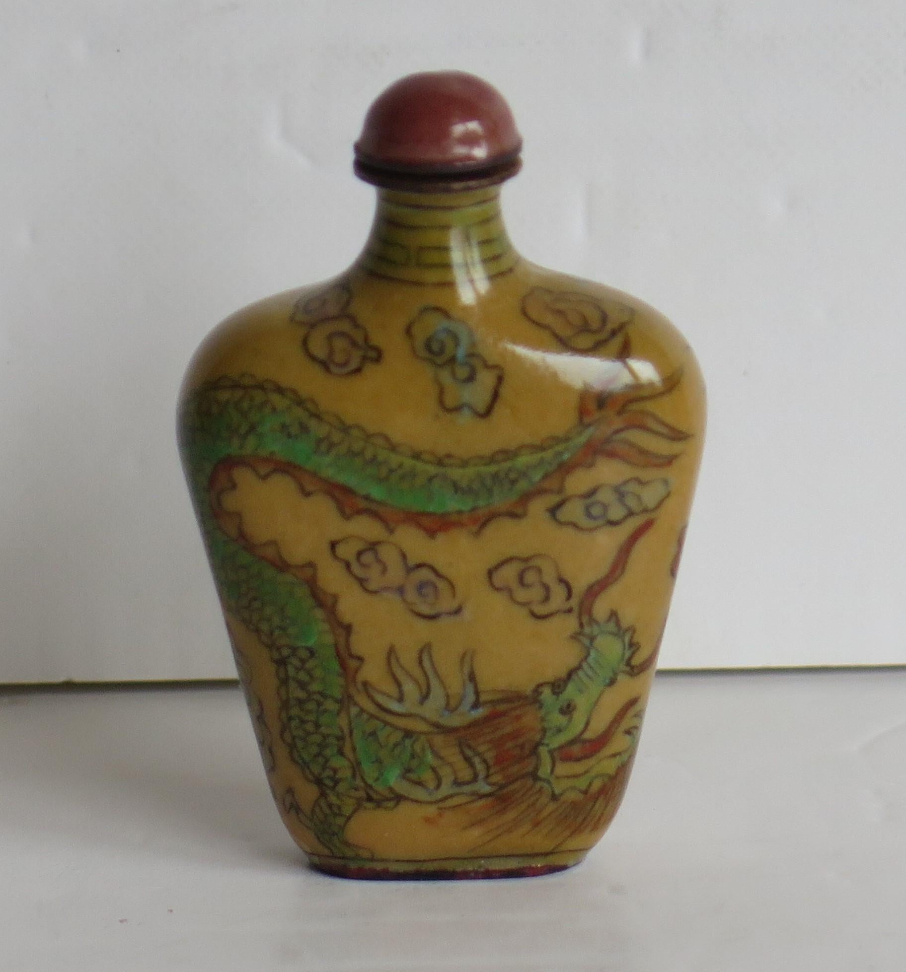 Enameled Chinese Snuff Bottle Hand Enamelled Dragons on Copper & Spoon Top, circa 1920s