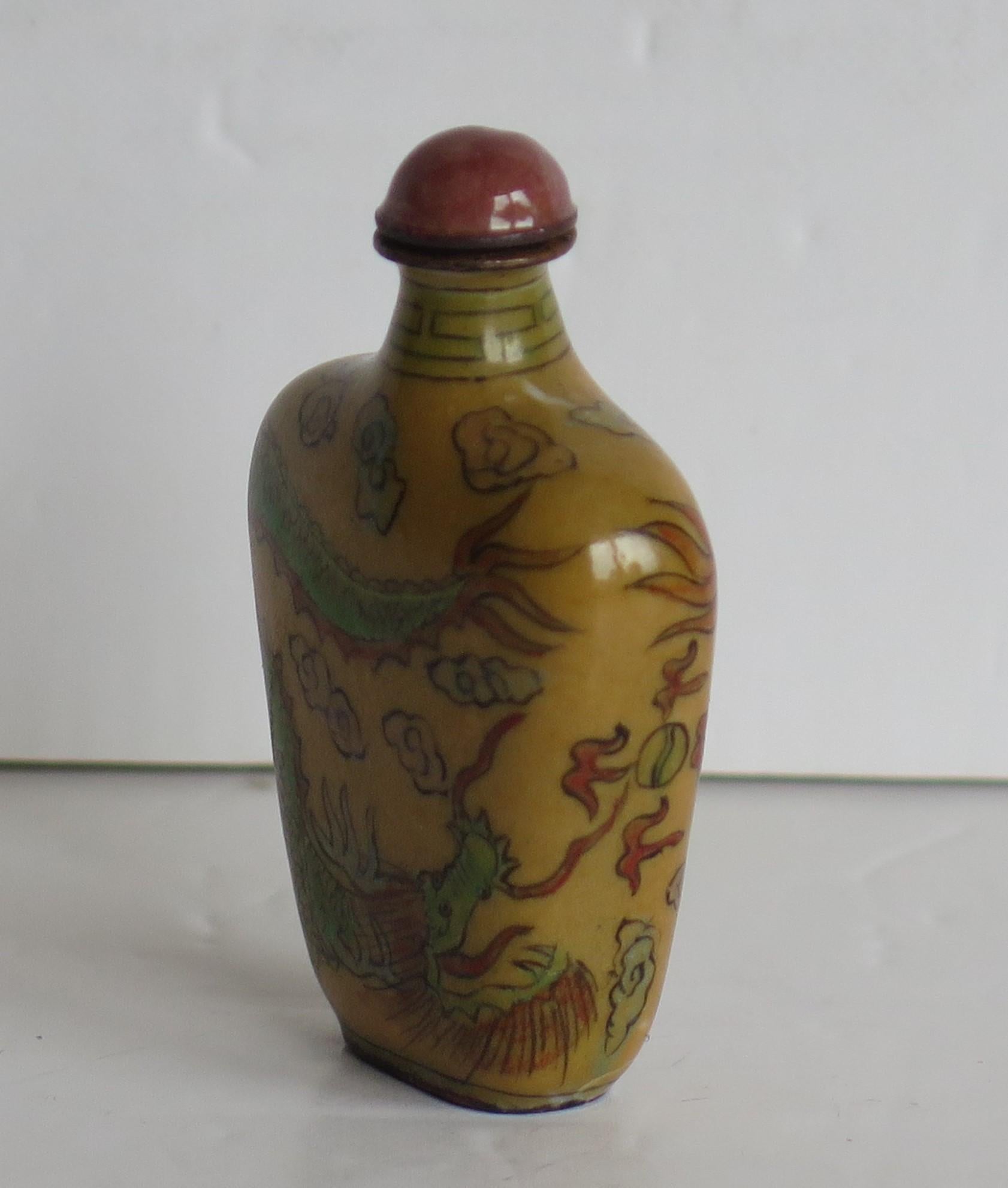 Chinese Snuff Bottle Hand Enamelled Dragons on Copper & Spoon Top, circa 1920s In Good Condition In Lincoln, Lincolnshire