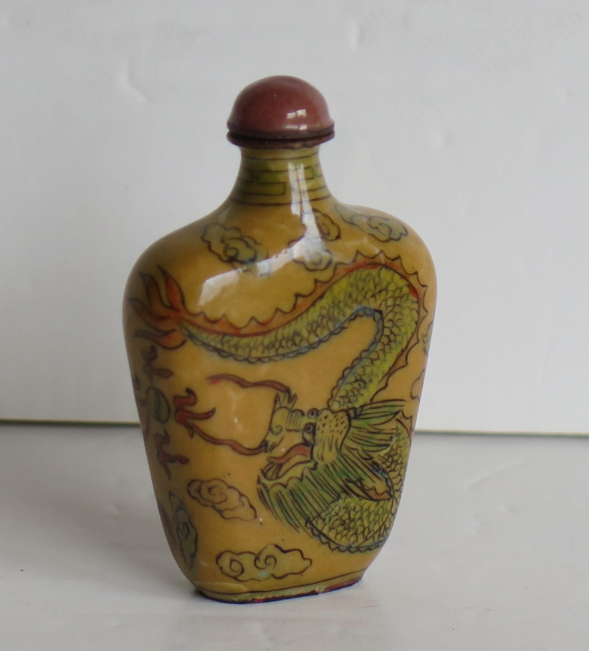 20th Century Chinese Snuff Bottle Hand Enamelled Dragons on Copper & Spoon Top, circa 1920s