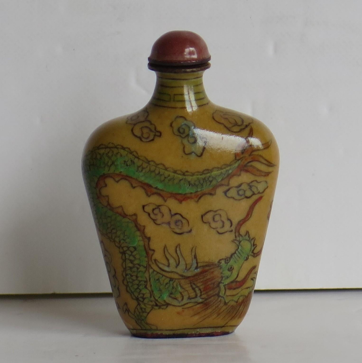 Chinese Snuff Bottle Hand Enamelled Dragons on Copper & Spoon Top, circa 1920s 1